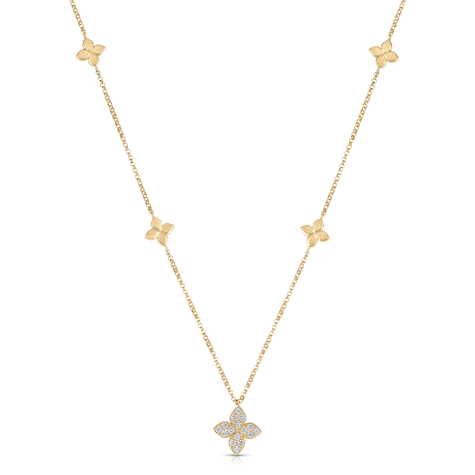 18k Yellow Gold Love By The Inch Diamond & Polished Flower Station Necklace