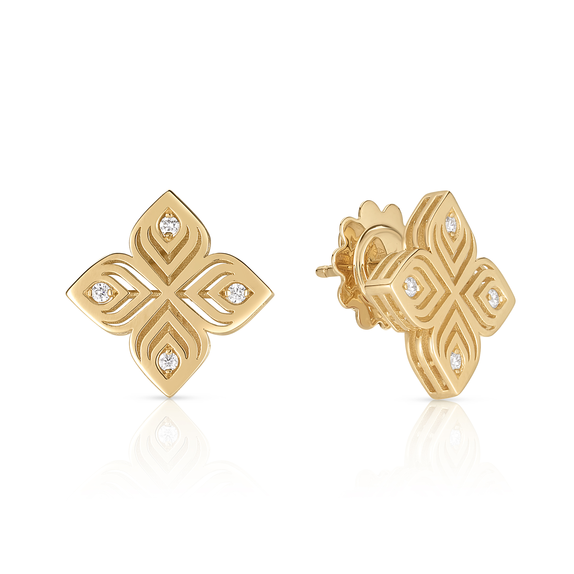 18k Yellow Gold Arabesque Medium Diamond Flower Earrings