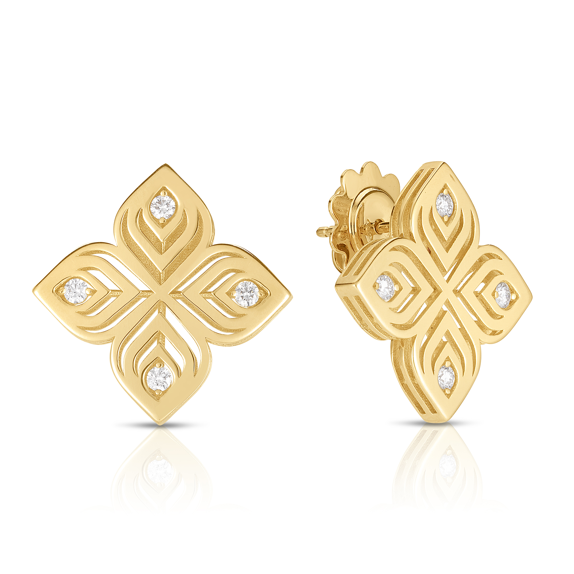 18k Yellow Gold Arabesque Large Diamond Flower Earrings