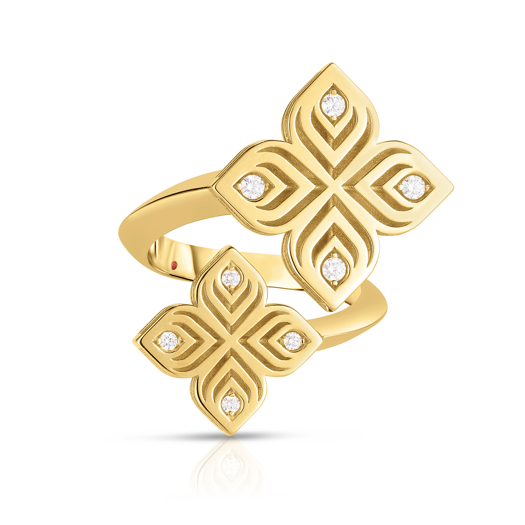 18k Yellow Gold Arabesque Bypass Double Diamond Flower Ring