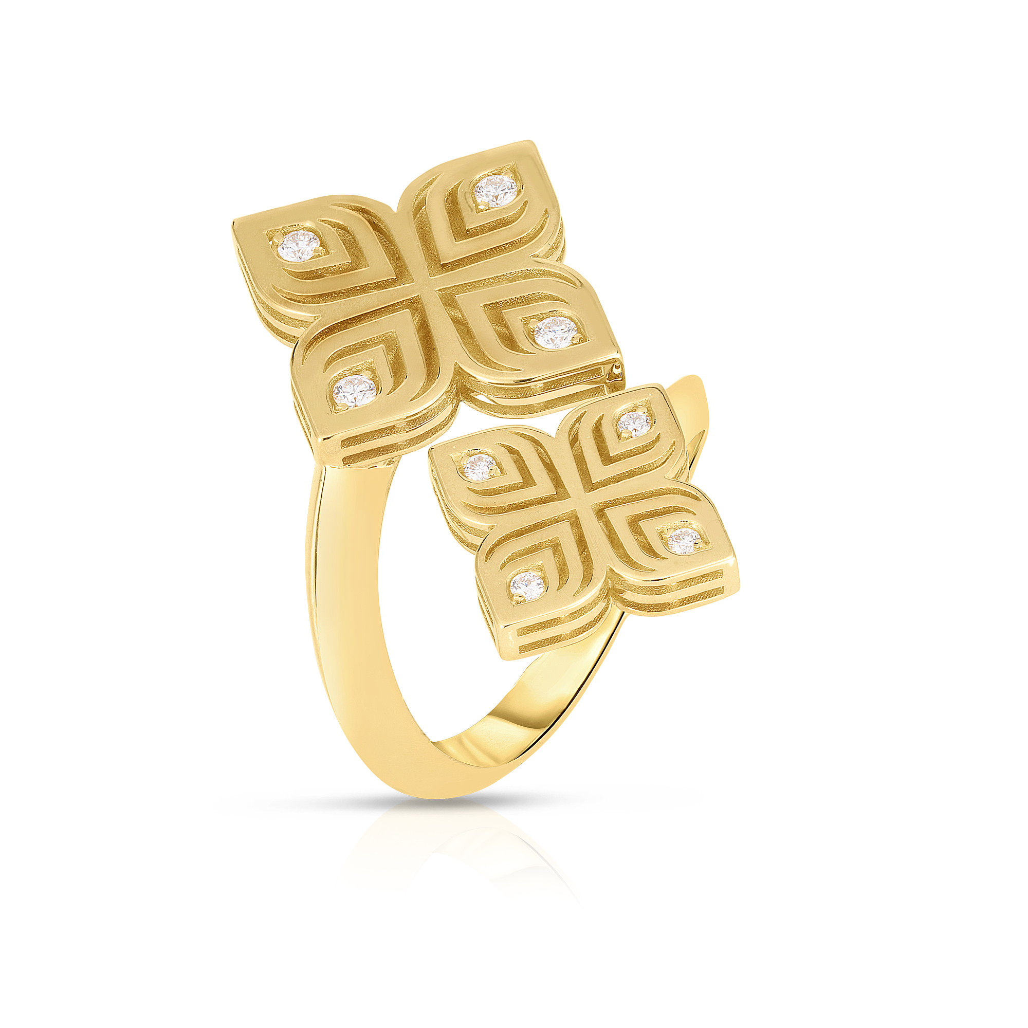 18k Yellow Gold Arabesque Bypass Double Diamond Flower Ring
