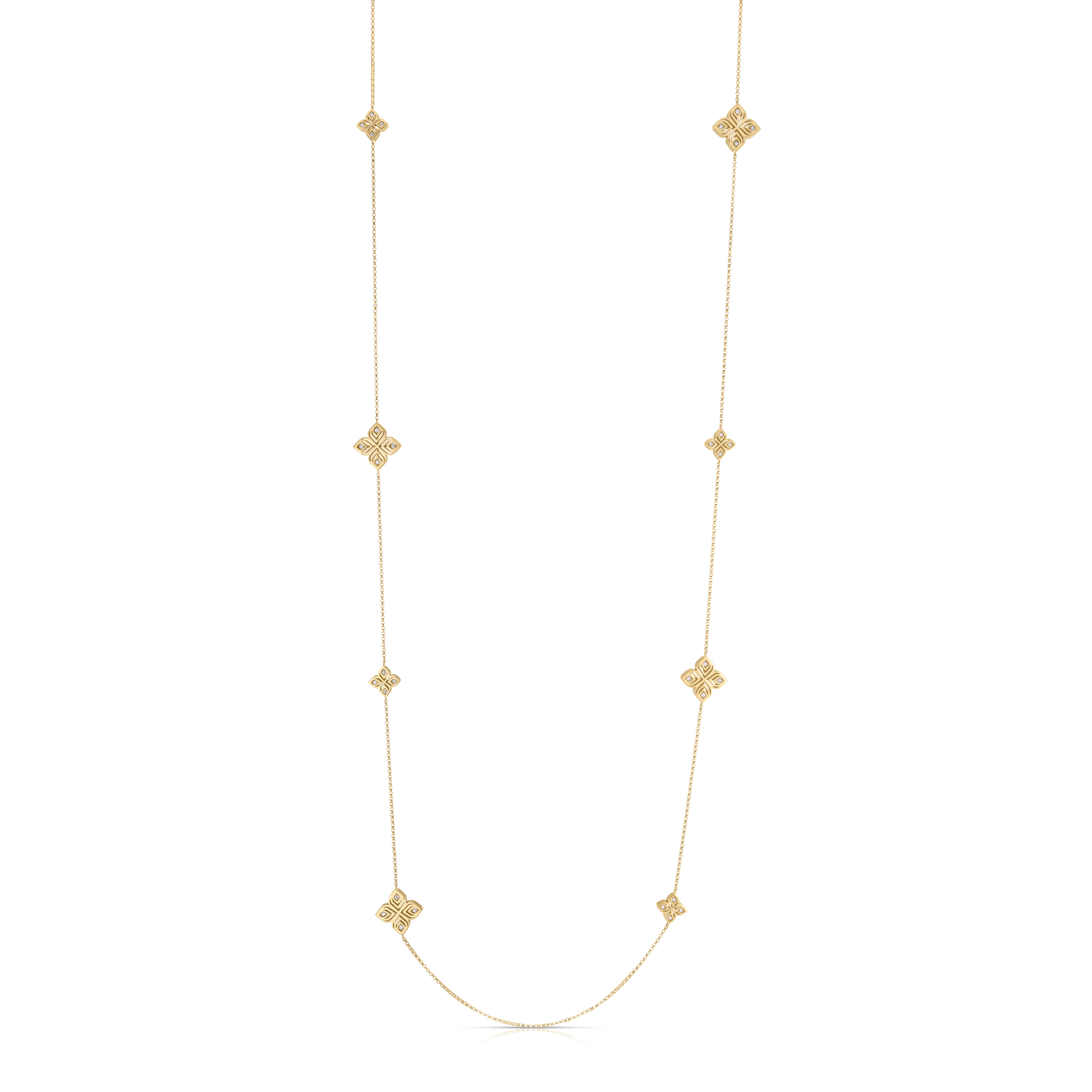18k Yellow Gold Arabesque Alternating Diamond Flower Station Long Necklace