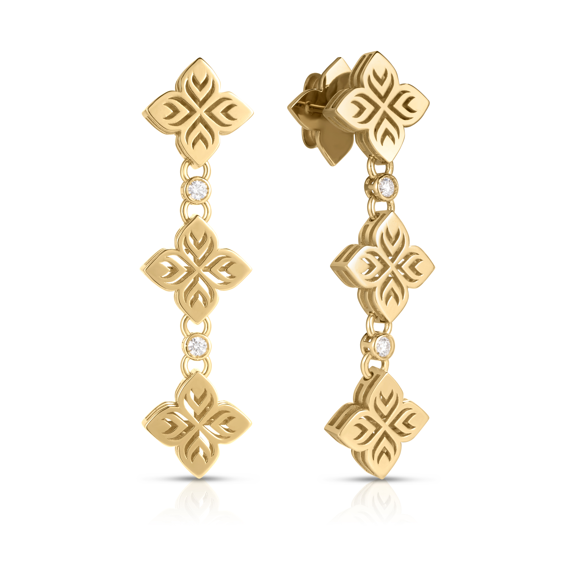 18k Yellow Gold Arabesque Alternating Diamond & Triple Flower Drop Earrings