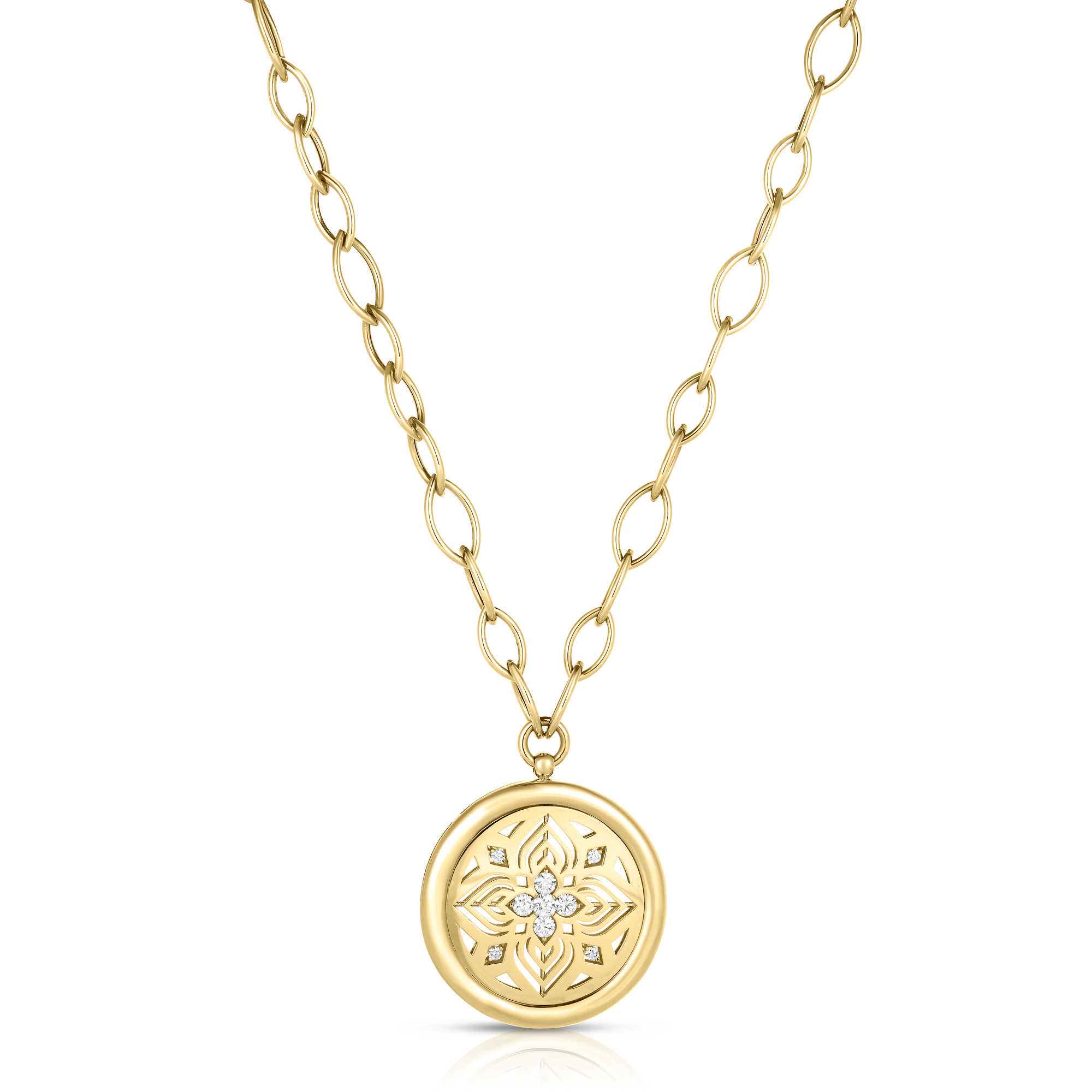 18k Yellow Gold Arabesque Diamond Flower Medallion Necklace