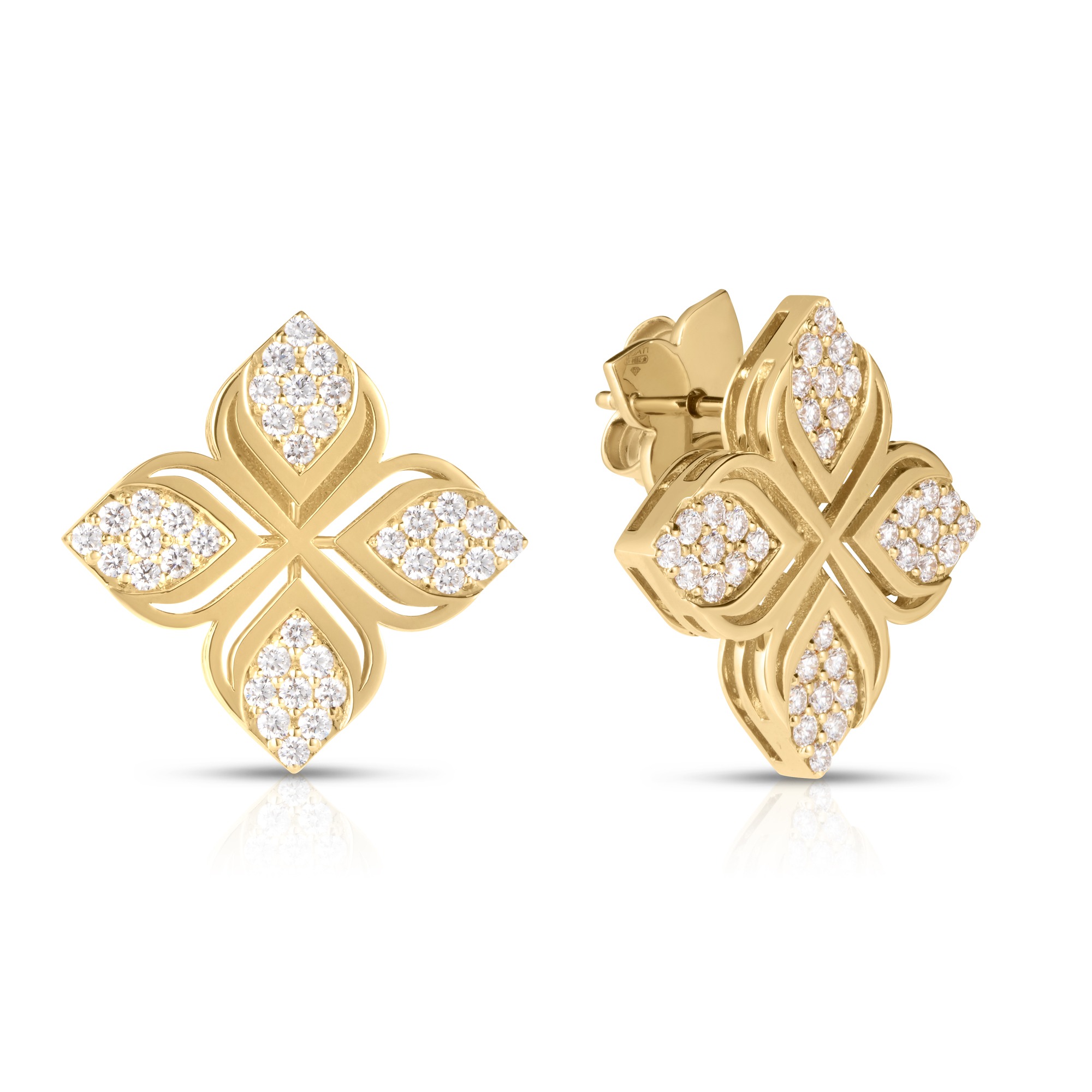 18k Yellow Gold Arabesque Pave Diamond Flower Earrings