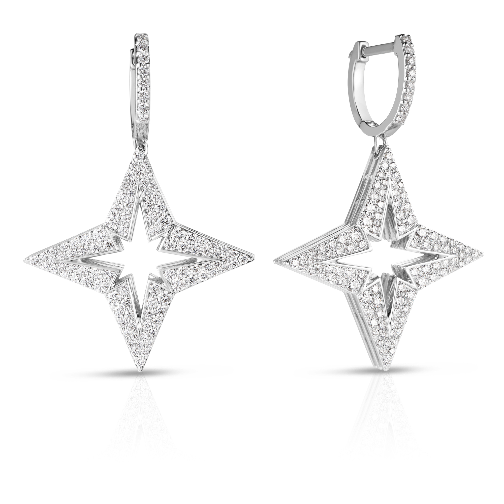 18k White Gold Stardust Medium Pave Diamond Star Dangle Earrings