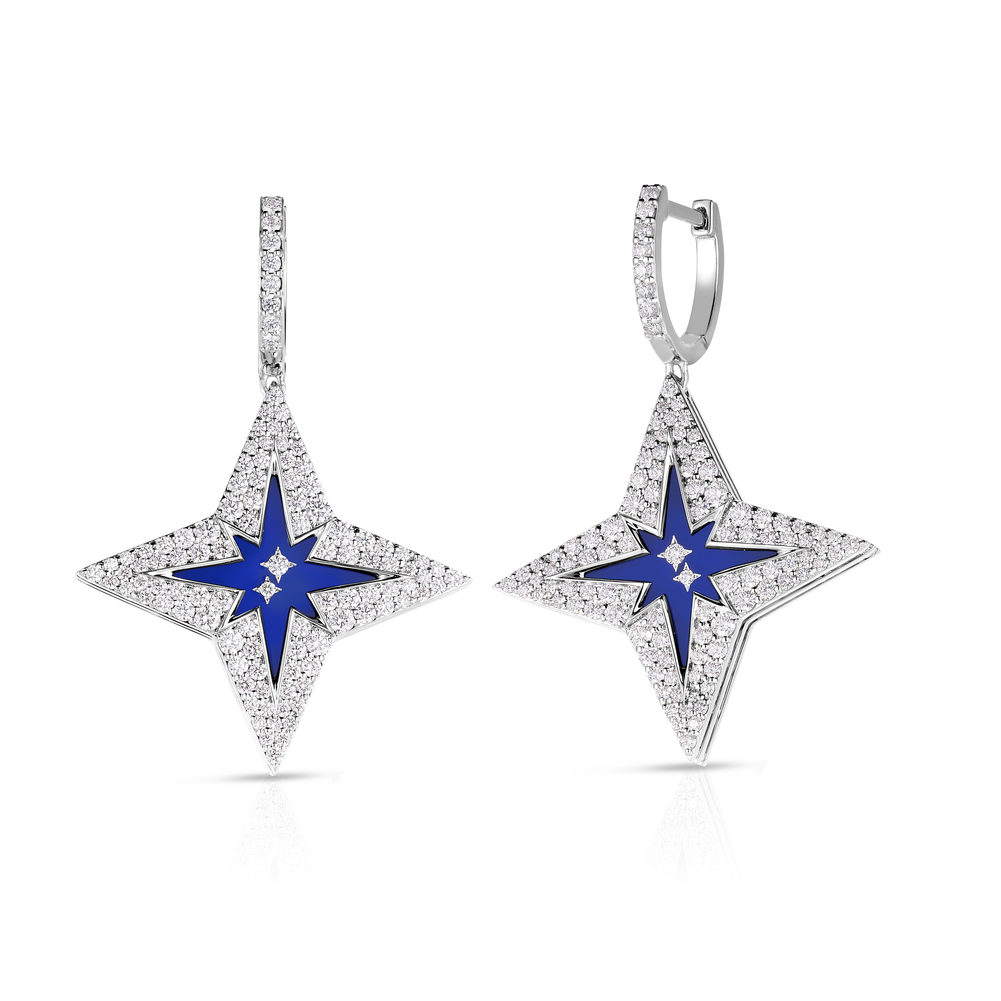 18k White Gold Stardust Medium Pave Diamond & Blue Ceramic Star Drop Earrings