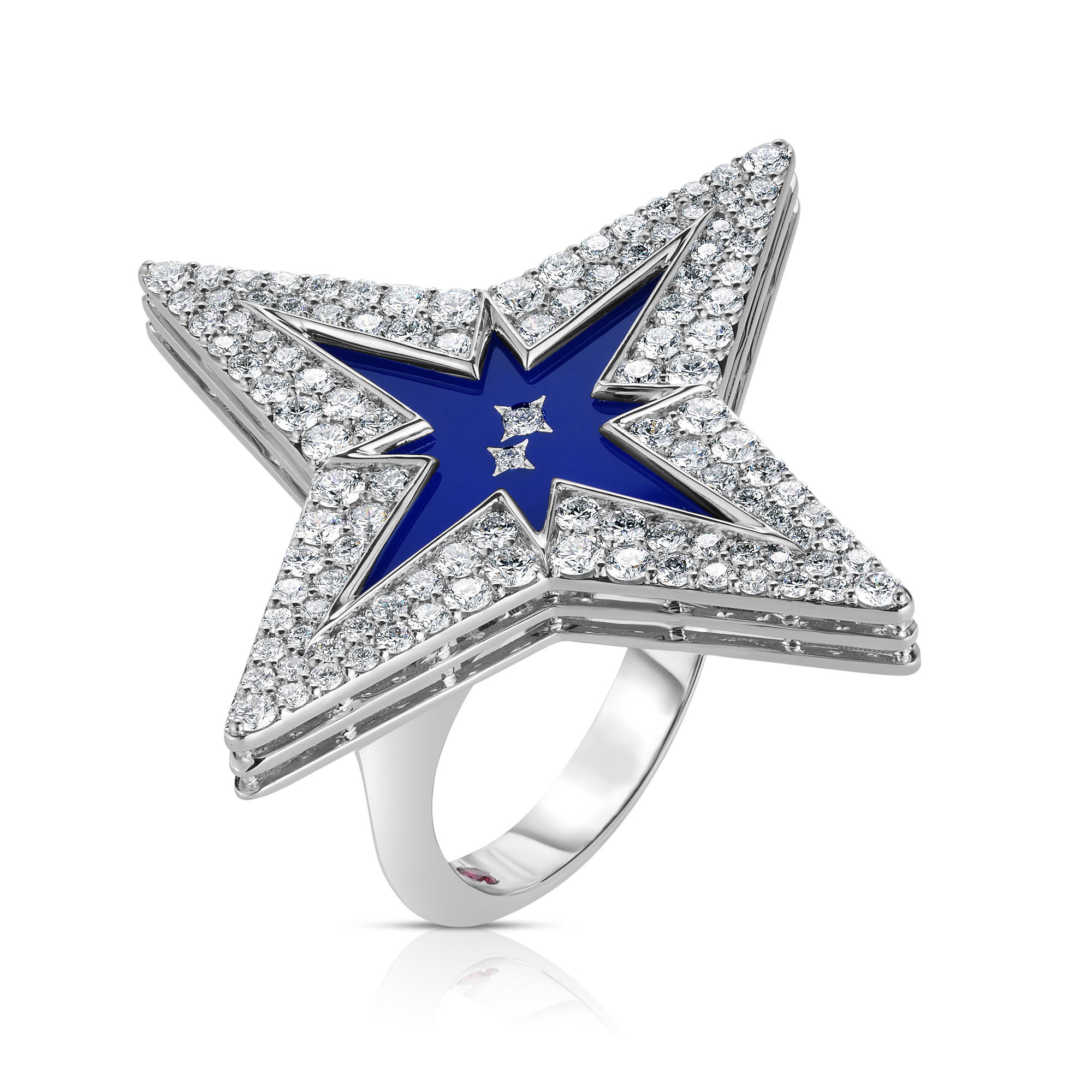 18k White Gold Stardust Large Pave Diamond & Blue Ceramic Star Ring