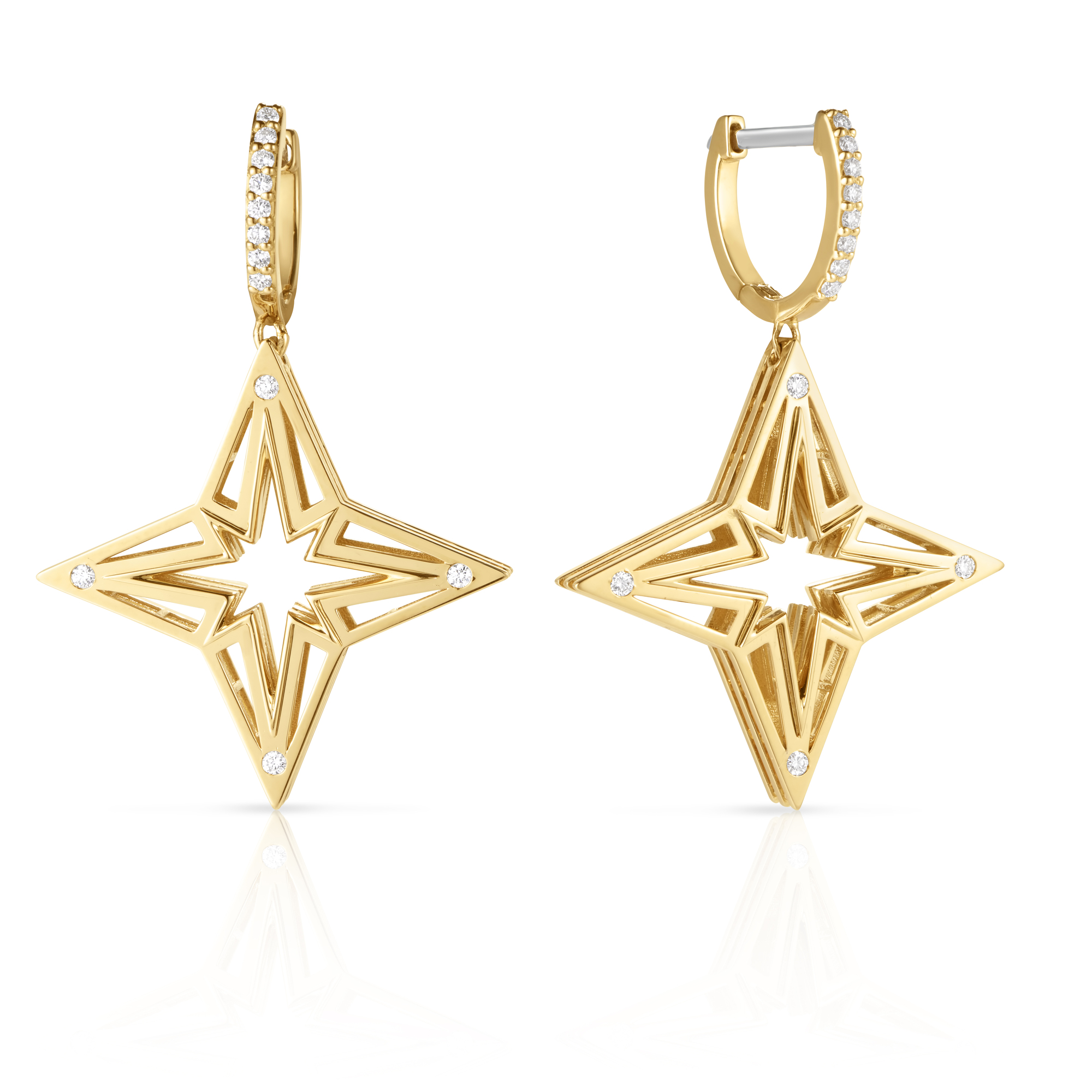 18k Yellow Gold Stardust Medium Open Frame Diamond Star Dangle Earrings
