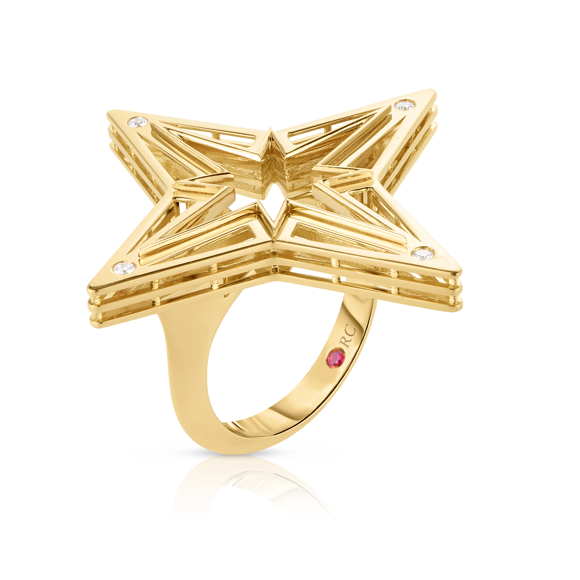 18k Yellow Gold Stardust Large Open Frame Diamond Star Ring