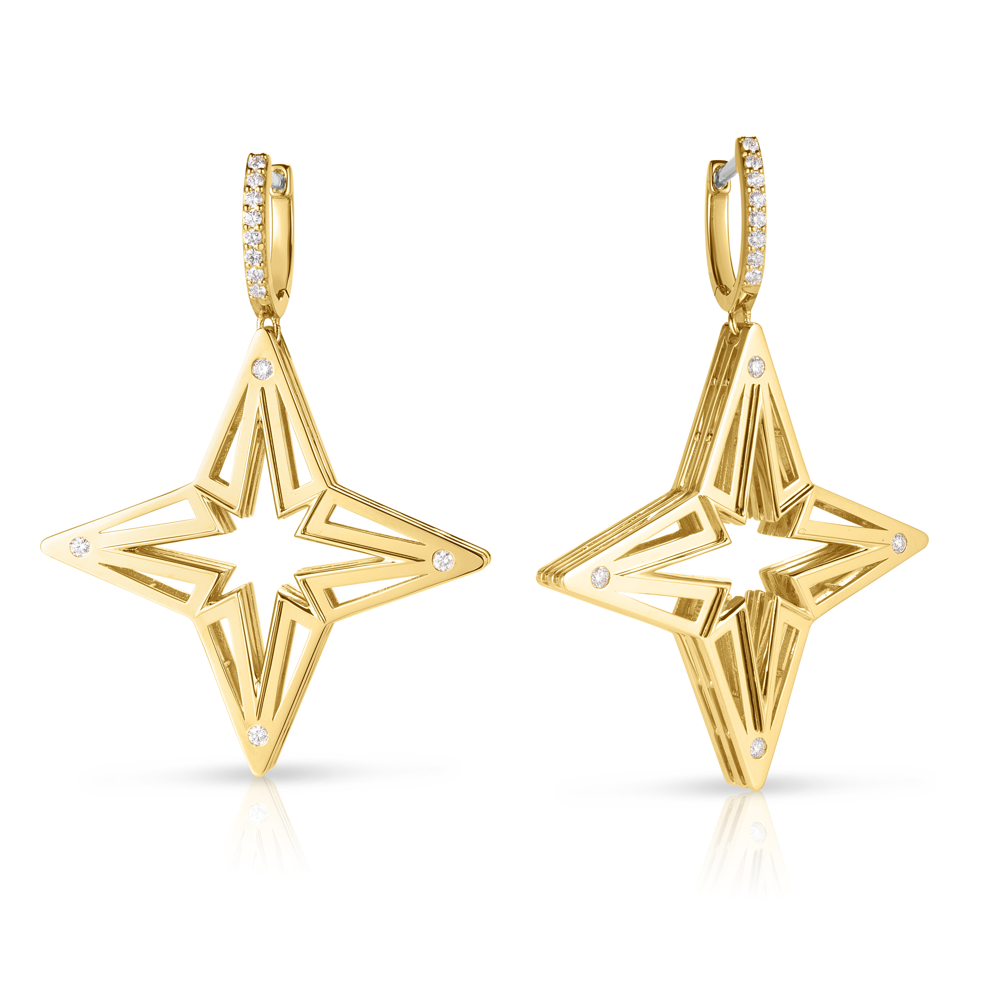 18k Yellow Gold Stardust Large Open Frame Diamond Star Dangle Earrings