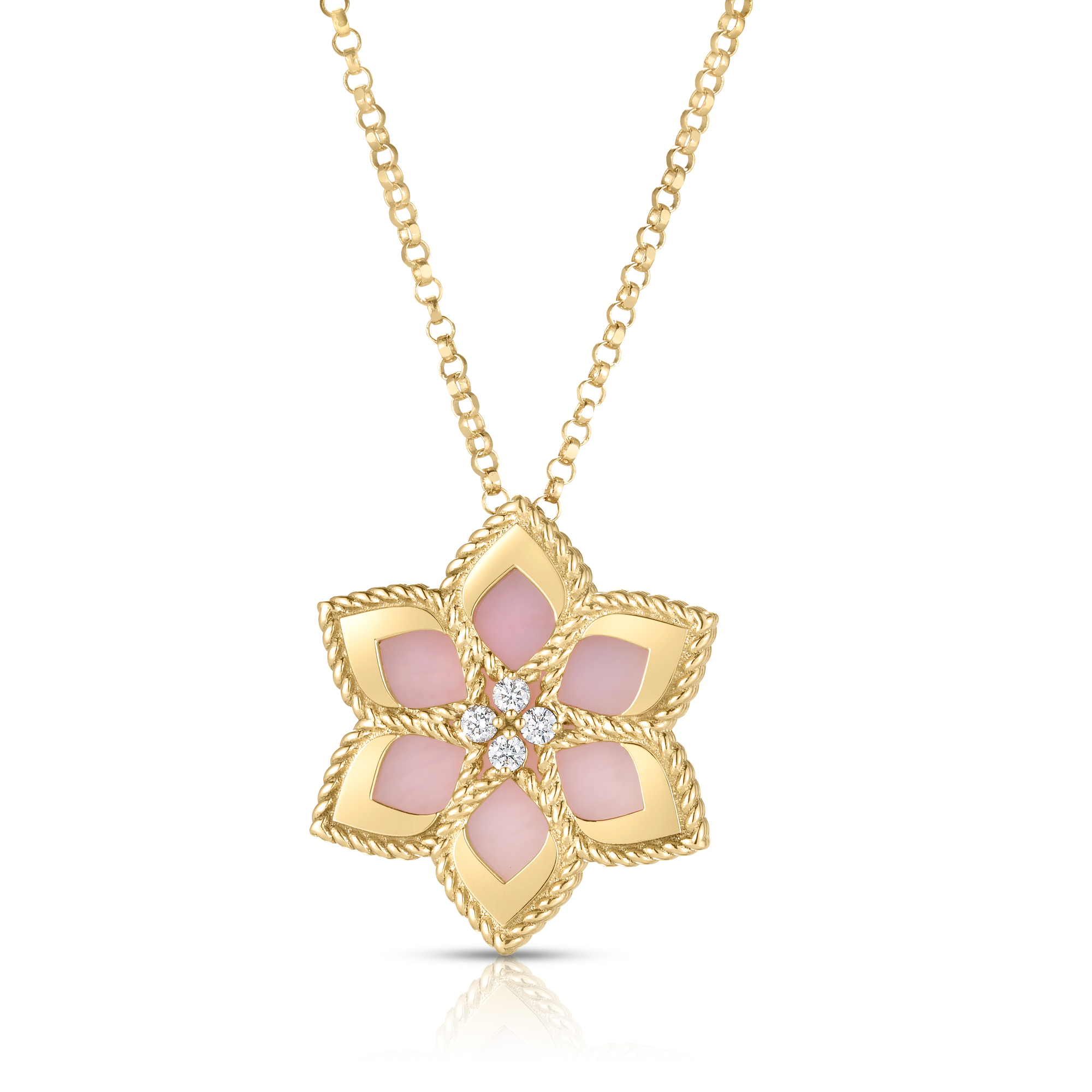 18k Yellow Gold Vernazza Diamond & Pink Opal Flower Necklace