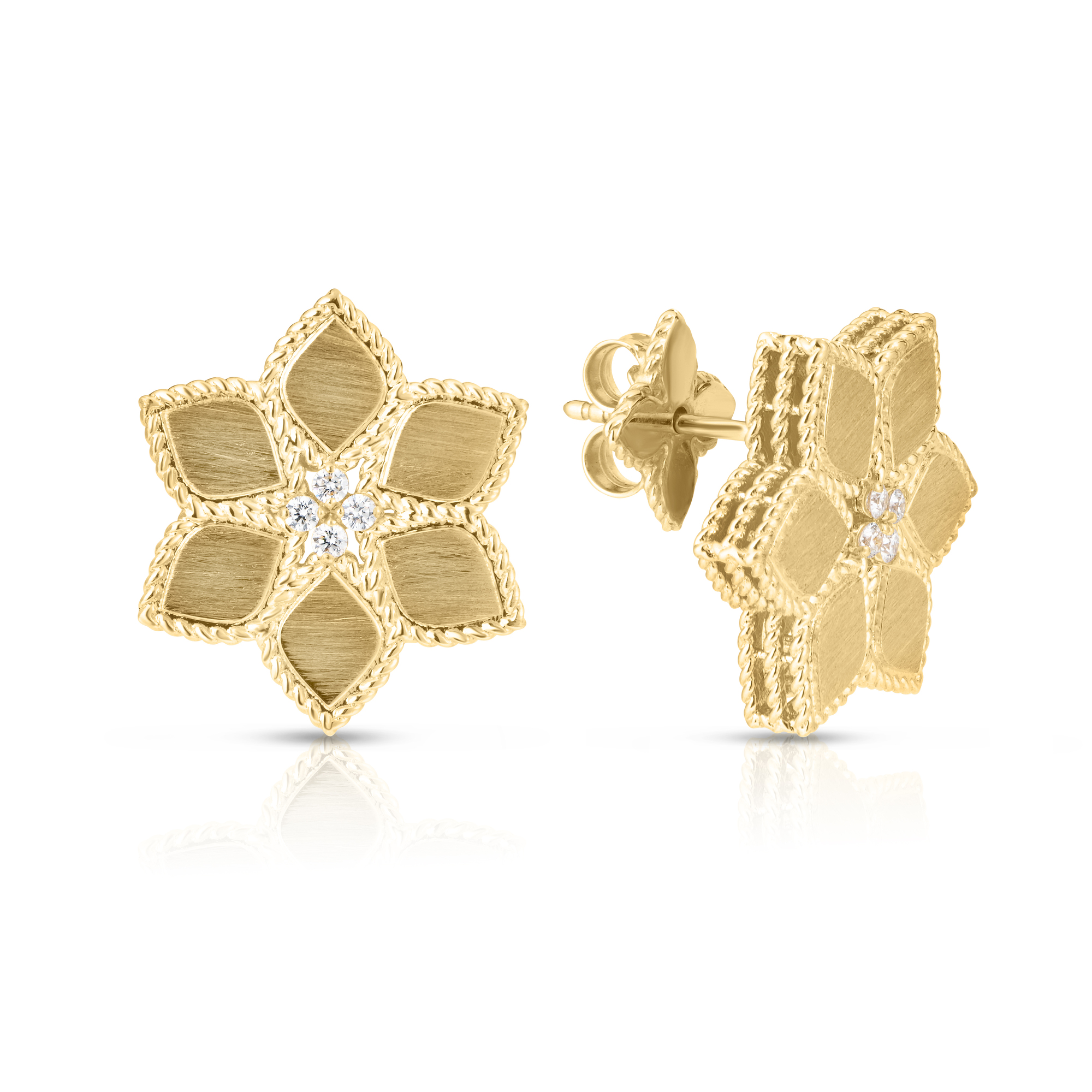 18k Yellow Gold Vernazza Diamond & Satin Finish Flower Stud Earrings