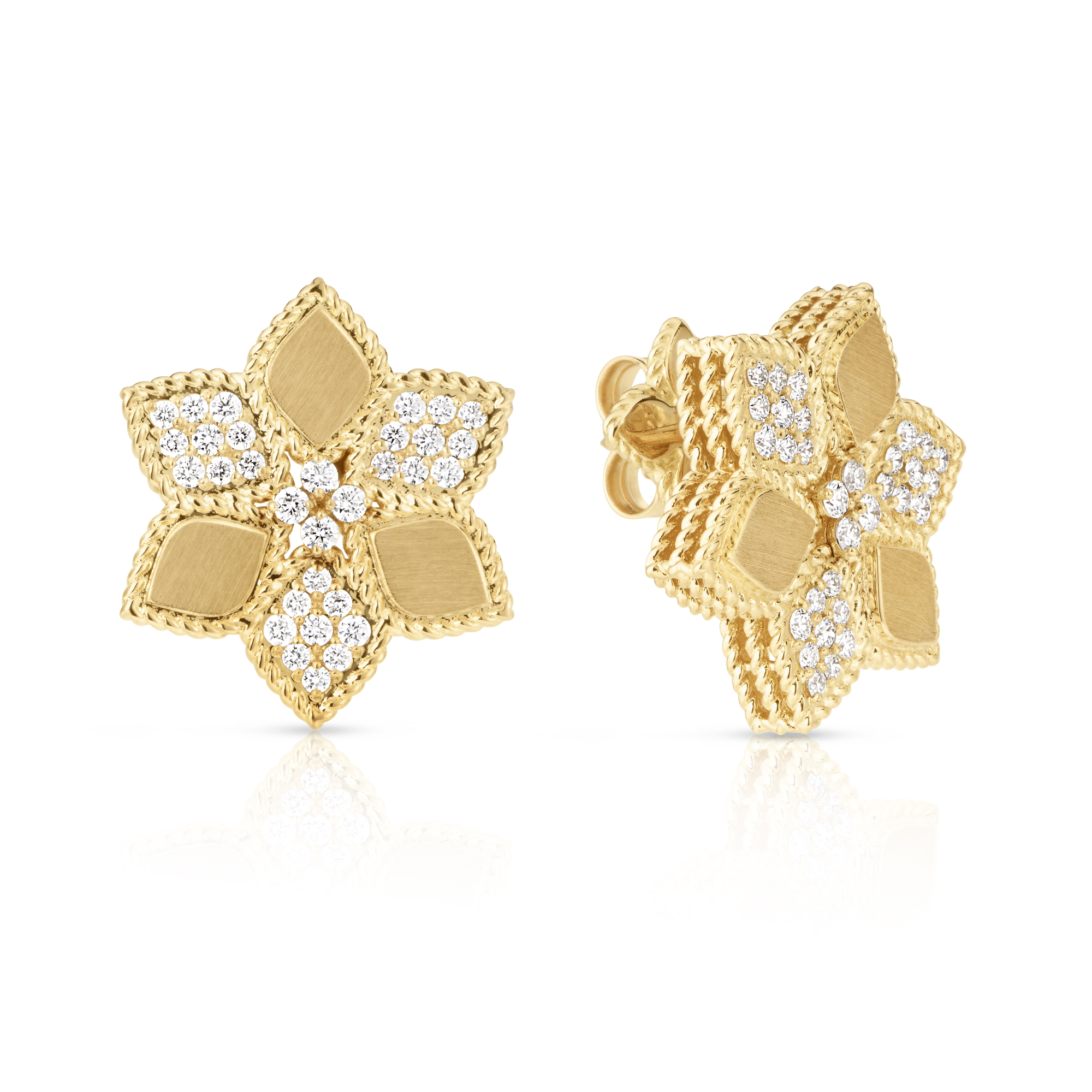 18k Yellow Gold Vernazza Alternating Pave Diamond & Satin Finish Flower Stud Earrings