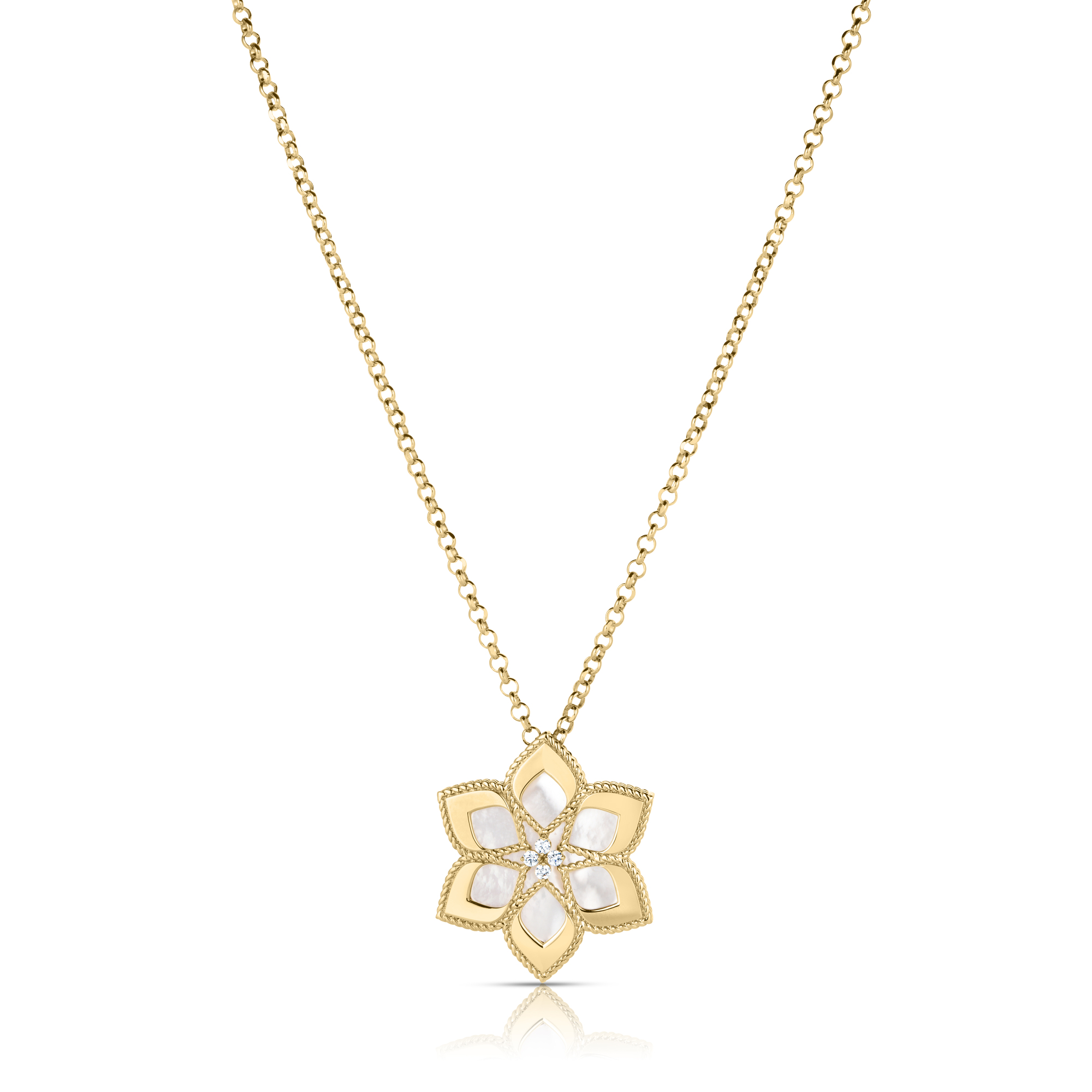 18k Yellow Gold Vernazza Diamond & Mother Of Pearl Flower Long Necklace