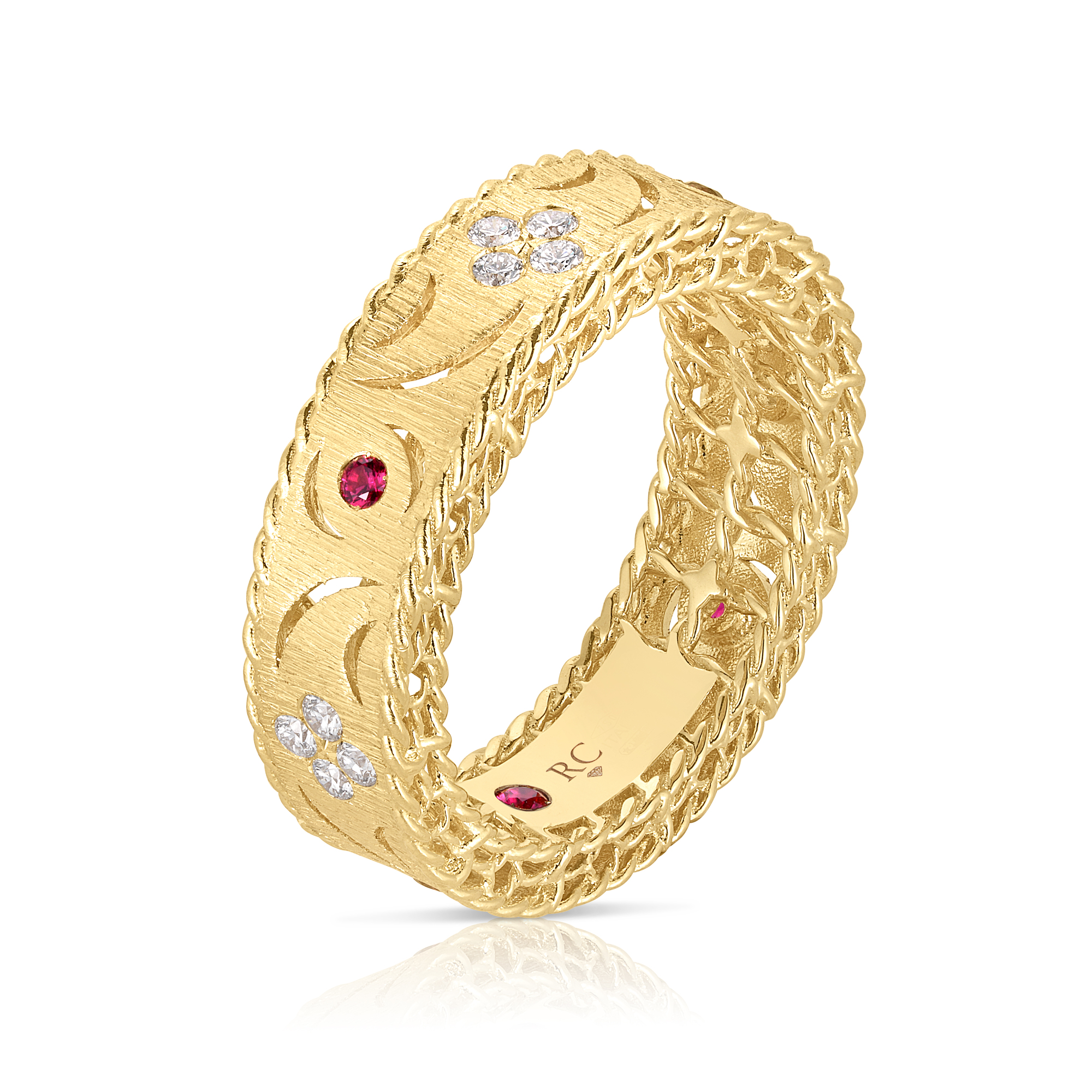 18k Yellow Gold Princess Diamond & Ruby Satin Finish Ring