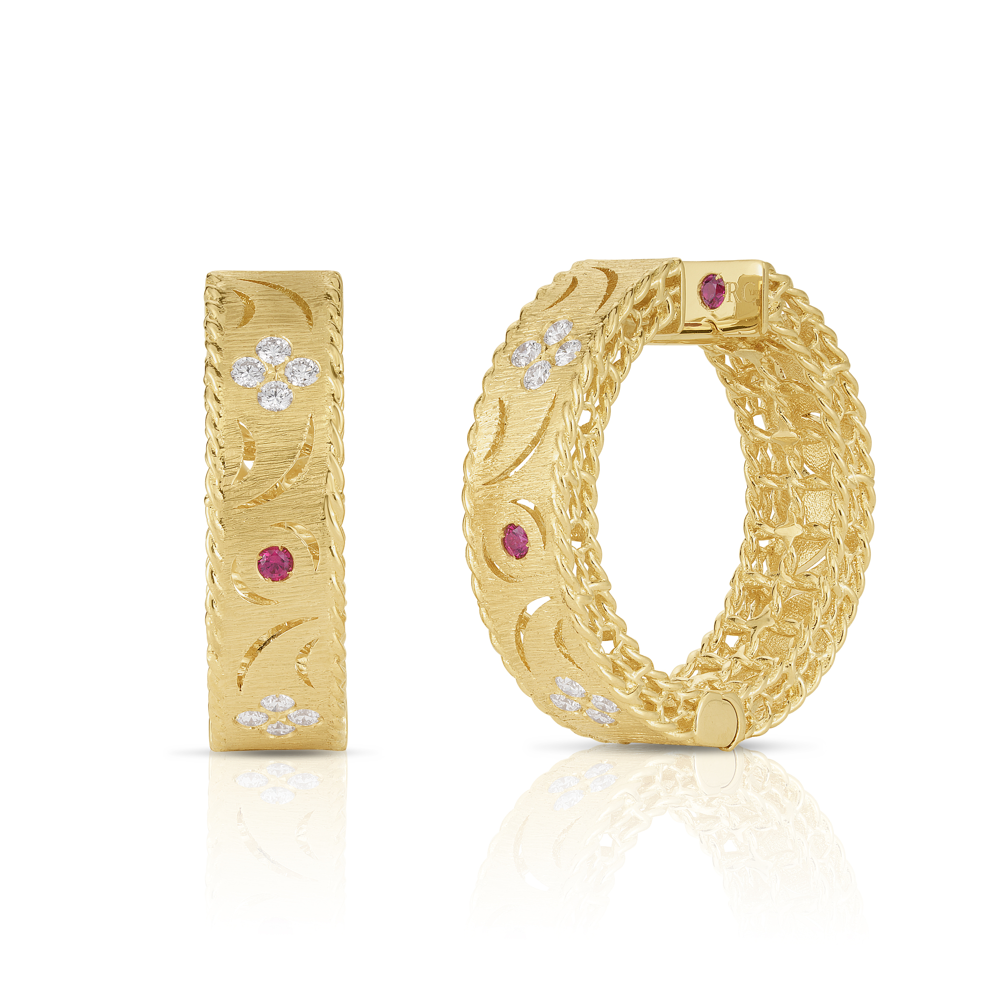 18k Yellow Gold Princess Diamond & Ruby Satin Finish Hoop Earrings
