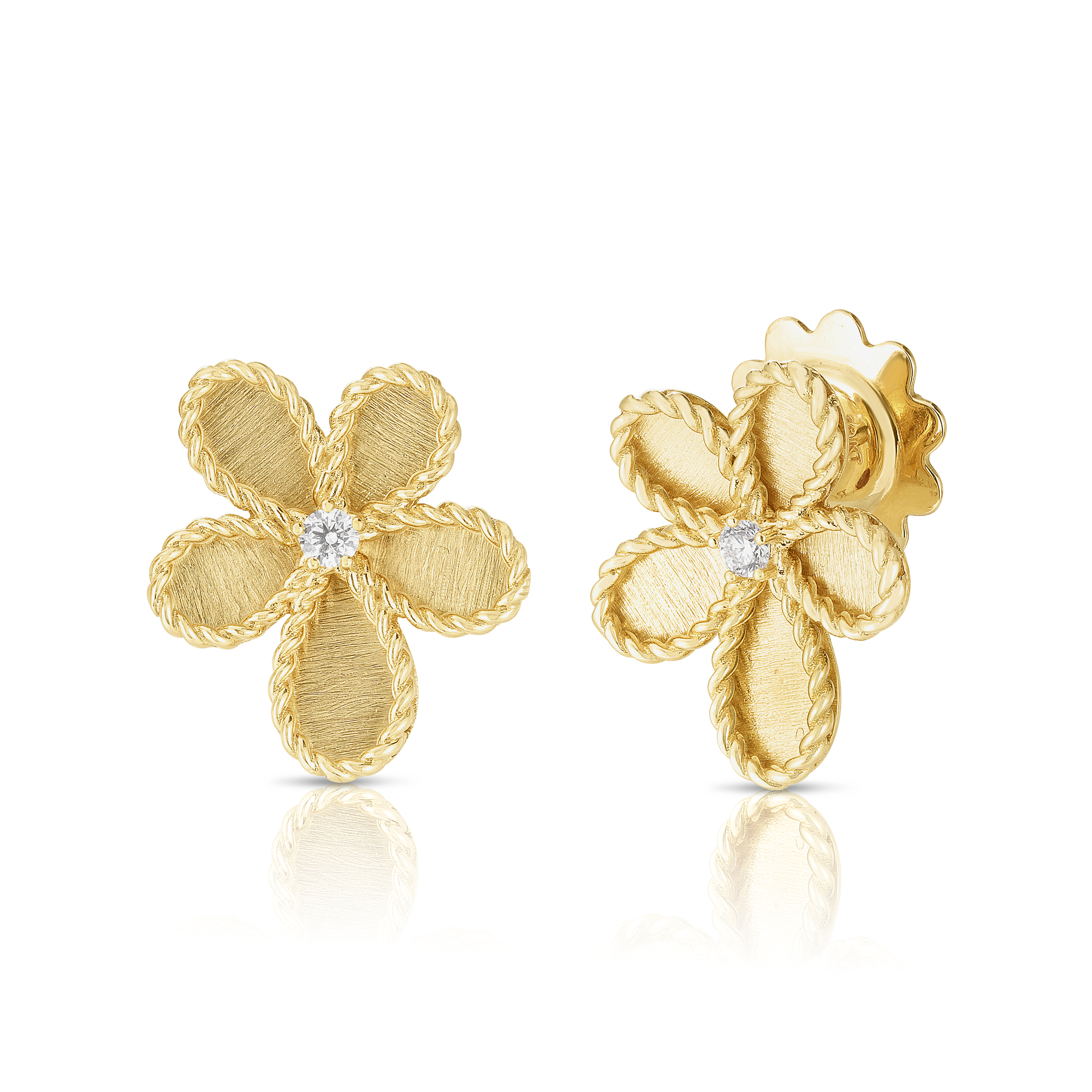 18k Yellow Gold Jasmine Diamond & Satin Finish Flower Stud Earrings