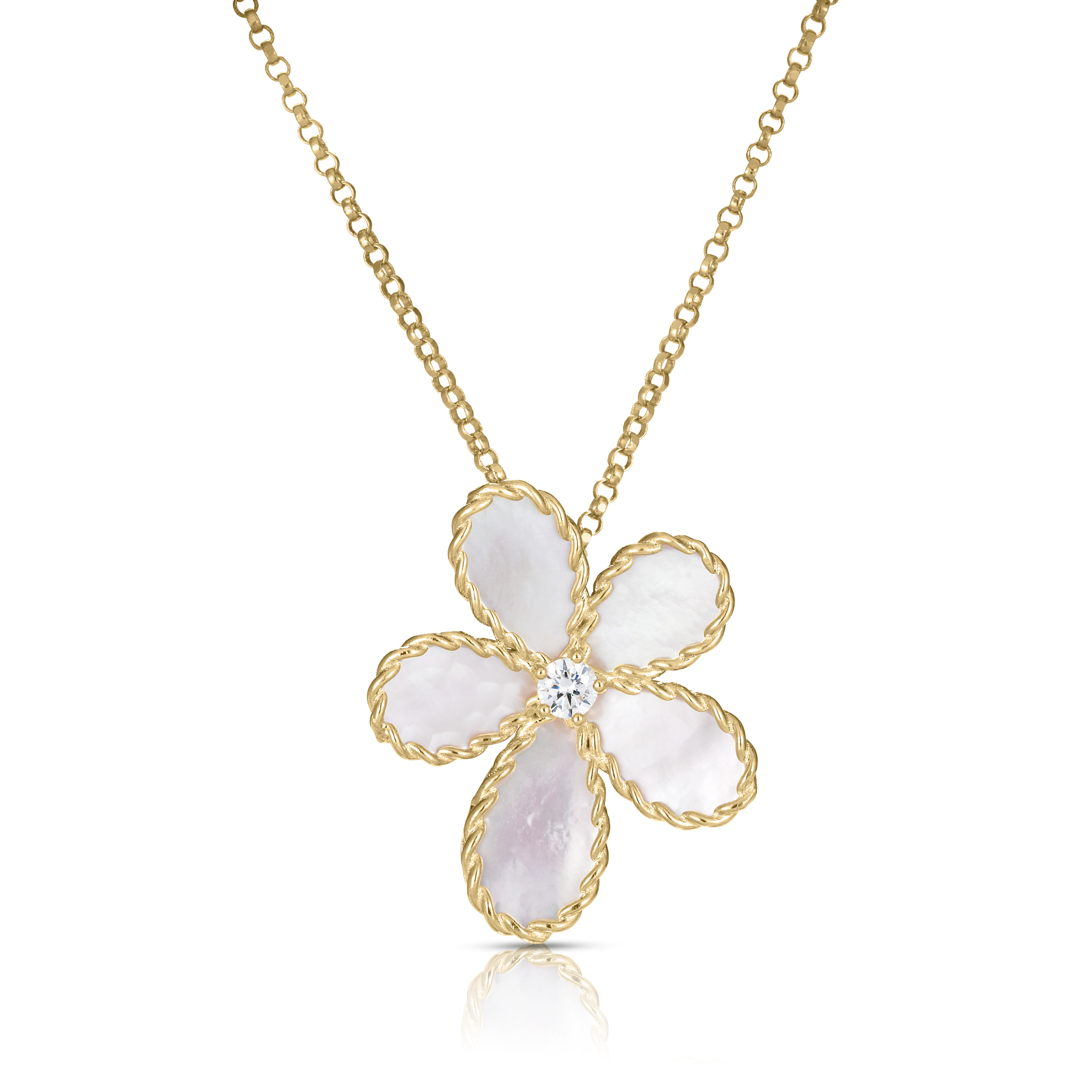 18k Yellow Gold Jasmine Diamond & Mother Of Pearl Flower Necklace