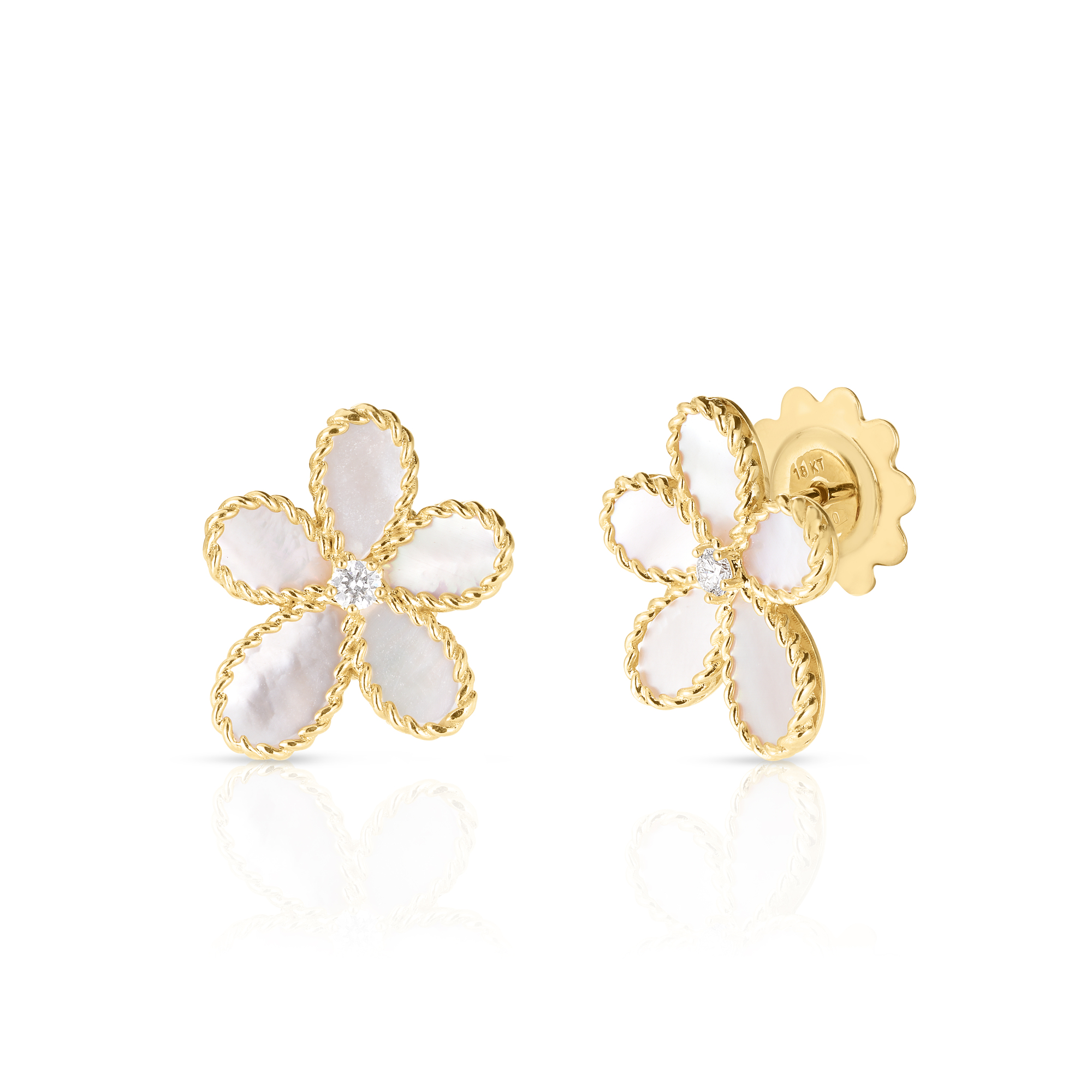 18k Yellow Gold Jasmine Diamond & Mother Of Pearl Flower Stud Earrings