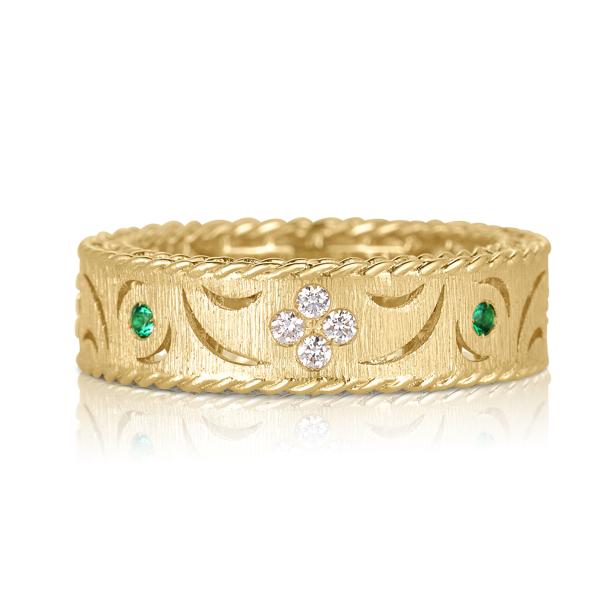 18k Yellow Gold Princess Diamond & Emerald Satin Finish Ring