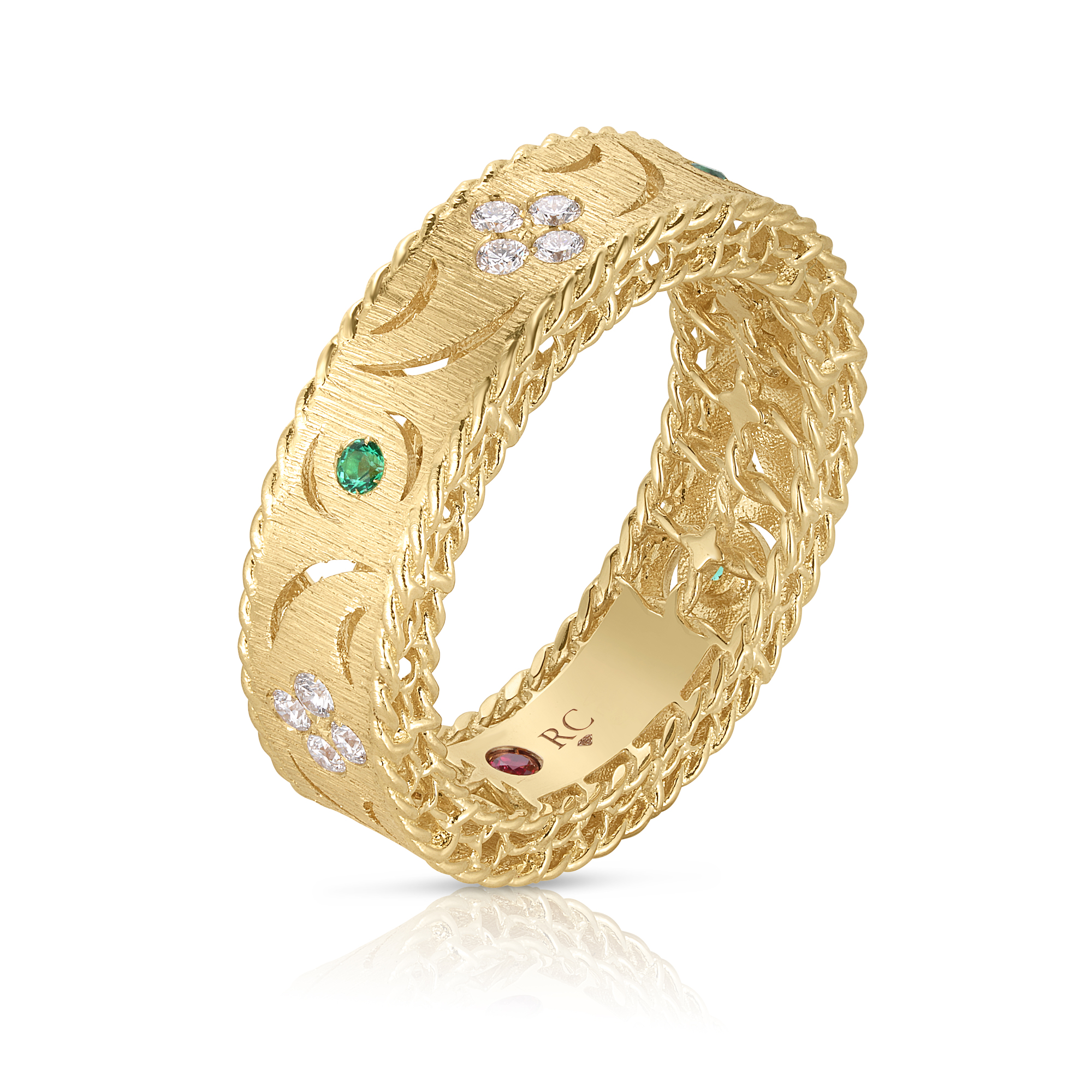 18k Yellow Gold Princess Diamond & Emerald Satin Finish Ring