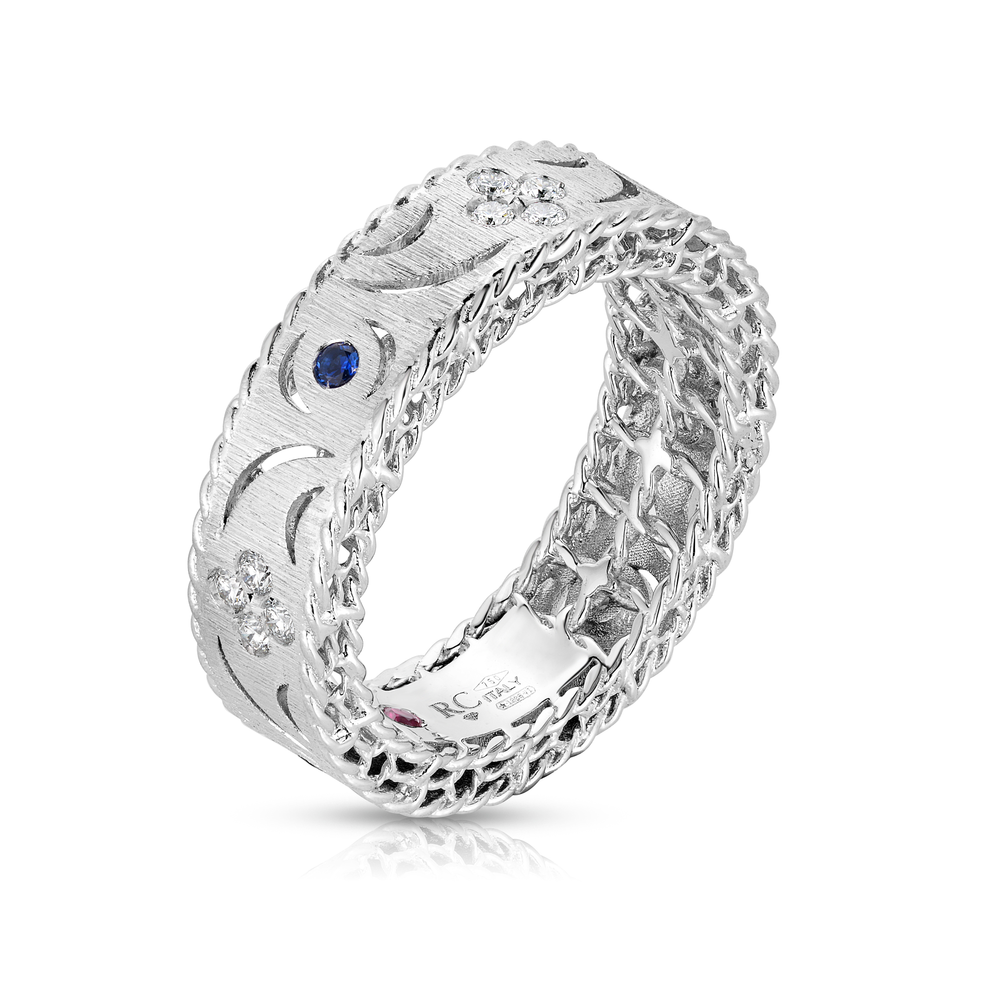 18k White Gold Princess Diamond & Blue Sapphire Satin Finish Ring