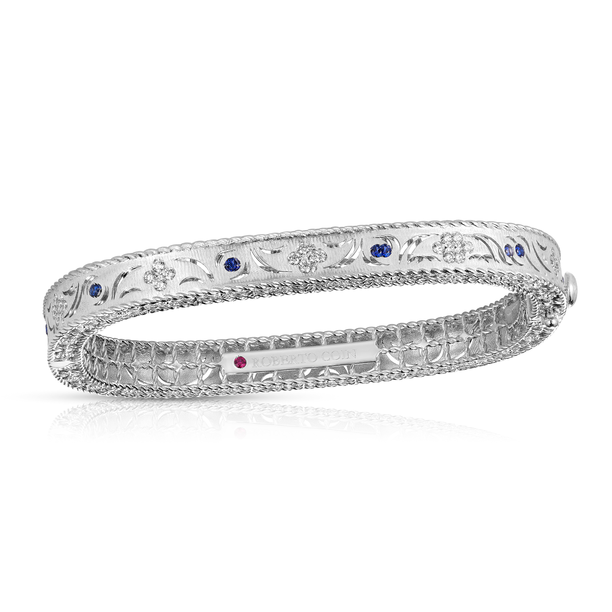18k White Gold Princess Diamond & Blue Sapphire Satin Finish Bangle