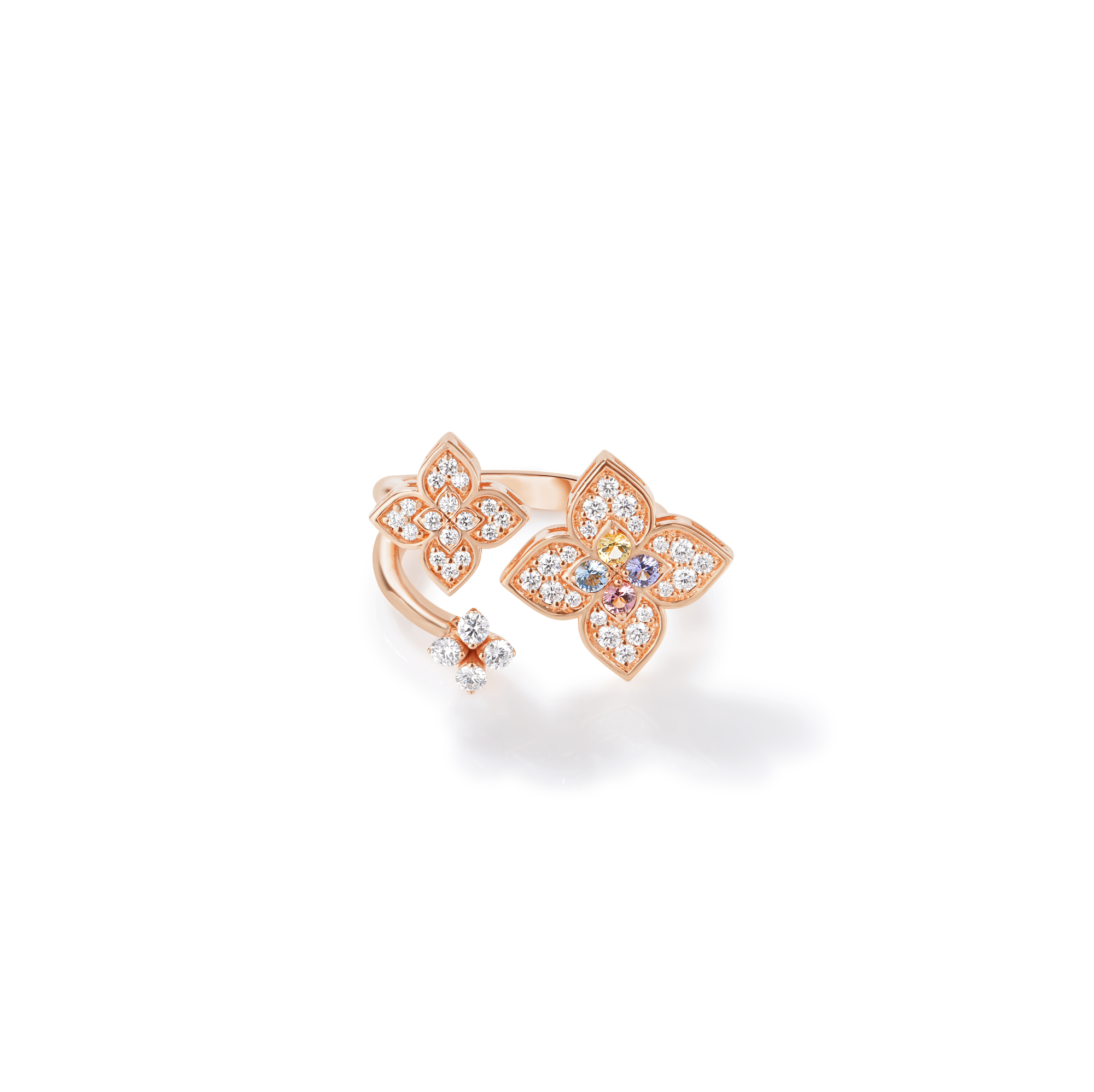 18k Rose Gold Venetian Princess Carnival Pave Diamond & Mixed Stones (tanzanite, Blue Topaz, Rubellite, & Citrine) Small Triple Flower Ring 