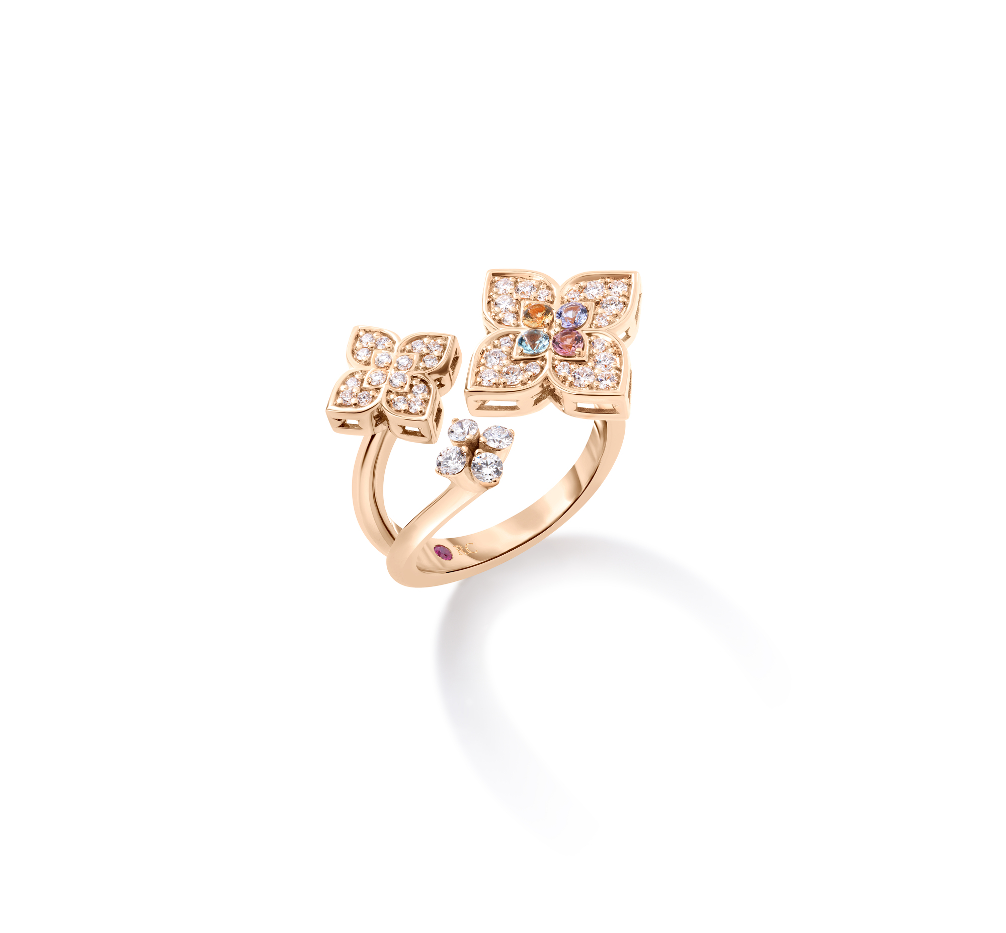 18k Rose Gold Venetian Princess Carnival Pave Diamond & Mixed Stones (tanzanite, Blue Topaz, Rubellite, & Citrine) Small Triple Flower Ring 
