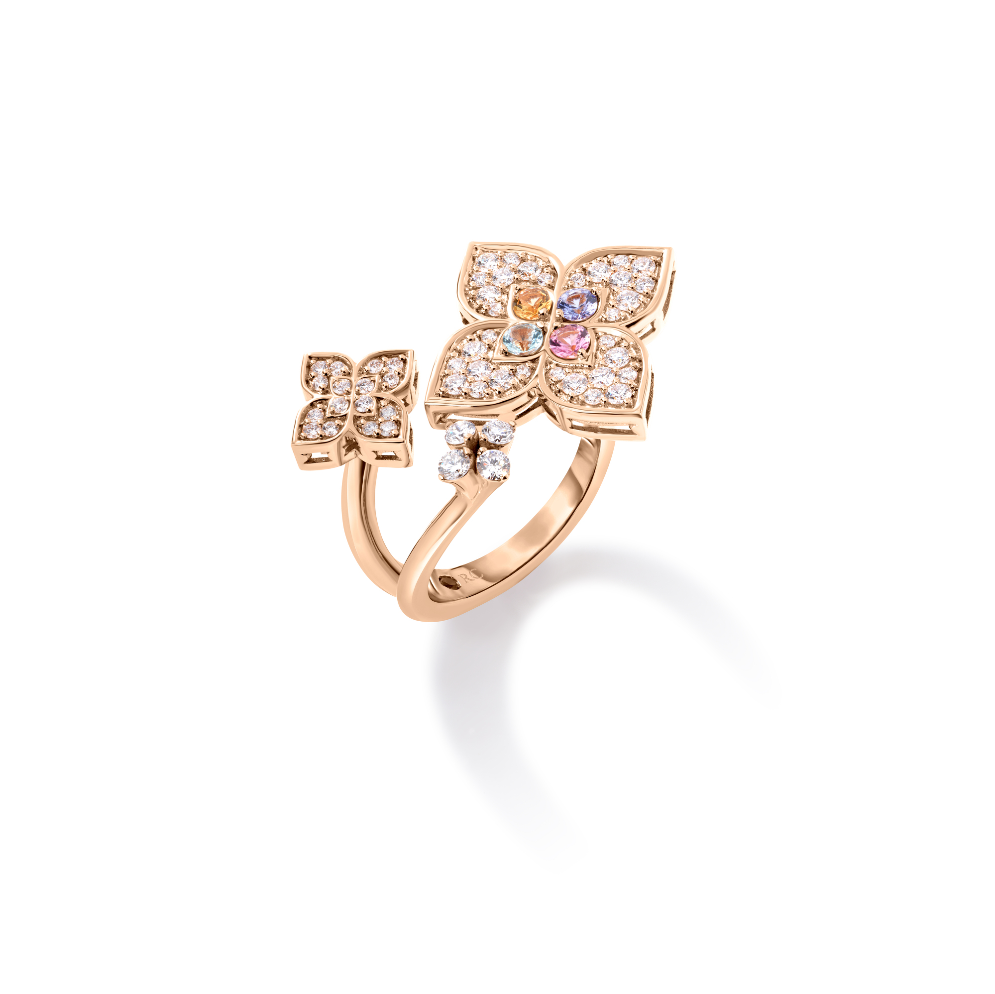 18k Rose Gold Venetian Princess Carnival Pave Diamond & Mixed Stones (tanzanite, Blue Topaz, Rubellite, & Citrine) Large Triple Flower Ring