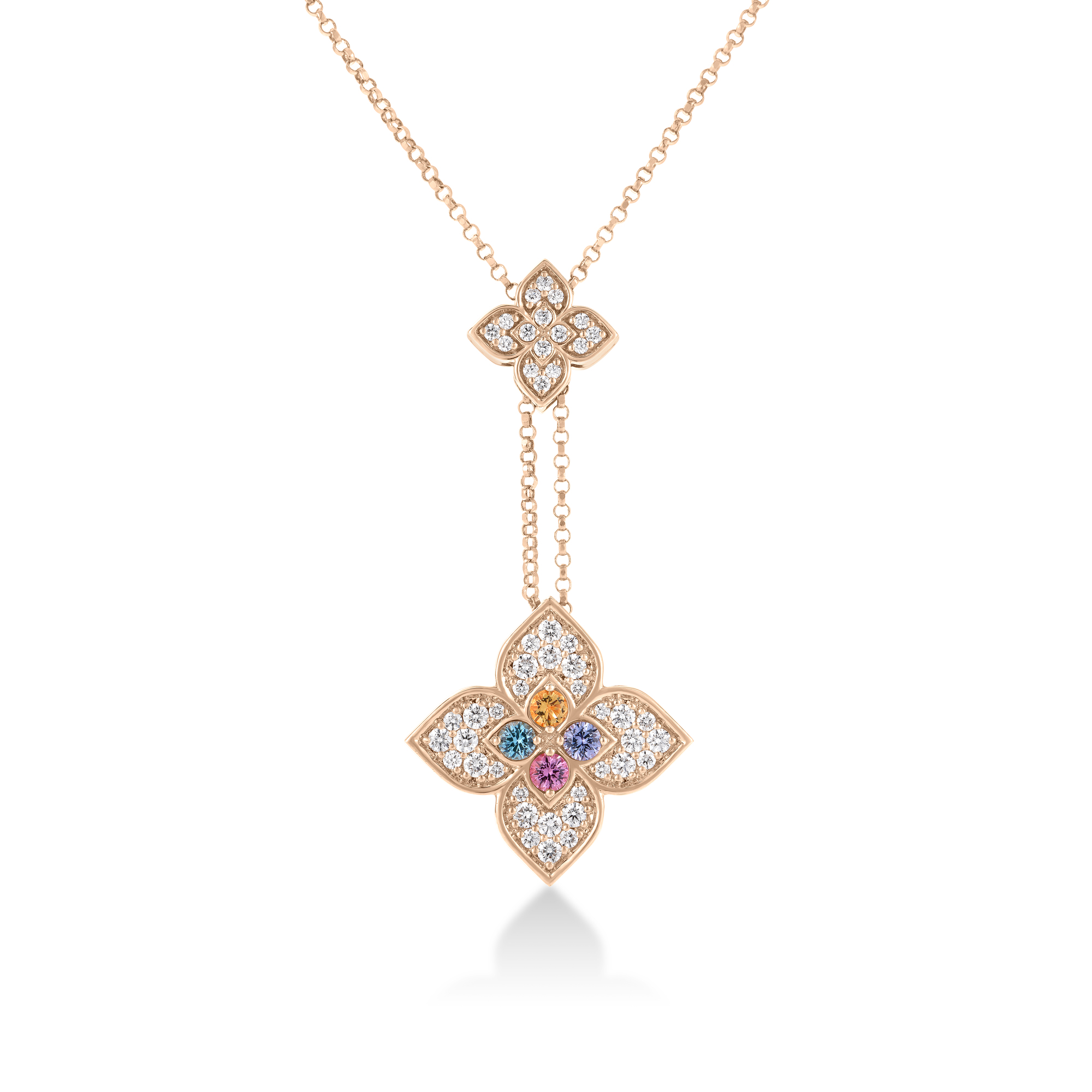 18k Rose Gold Venetian Princess Carnival Pave Diamond & Mixed Stones (tanzanite, Blue Topaz, Rubellite, & Citrine) Double Flower Dangle Necklace