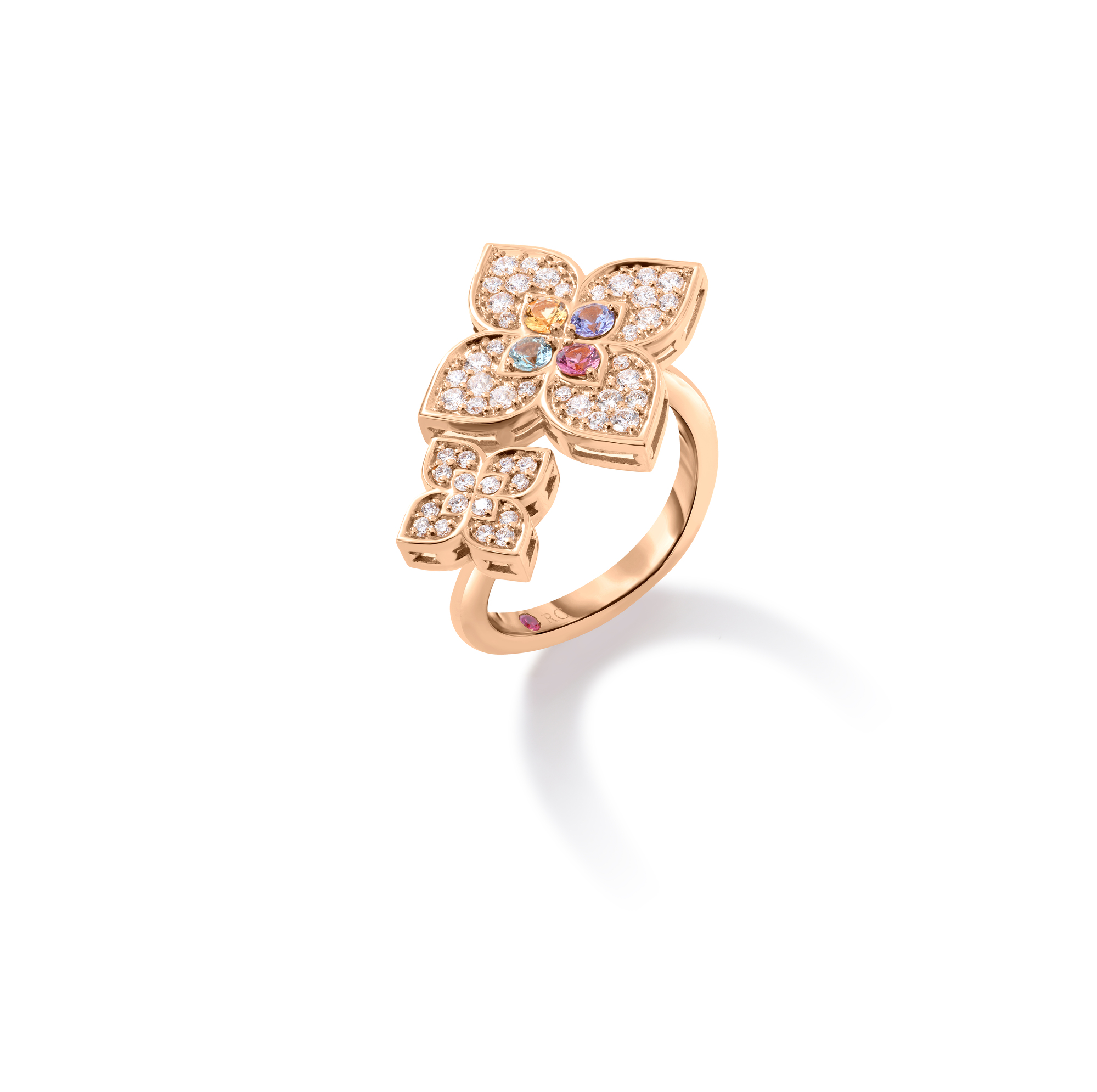 18k Rose Gold Venetian Princess Carnival Pave Diamond & Mixed Stones (tanzanite, Blue Topaz, Rubellite, & Citrine) Double Flower Ring