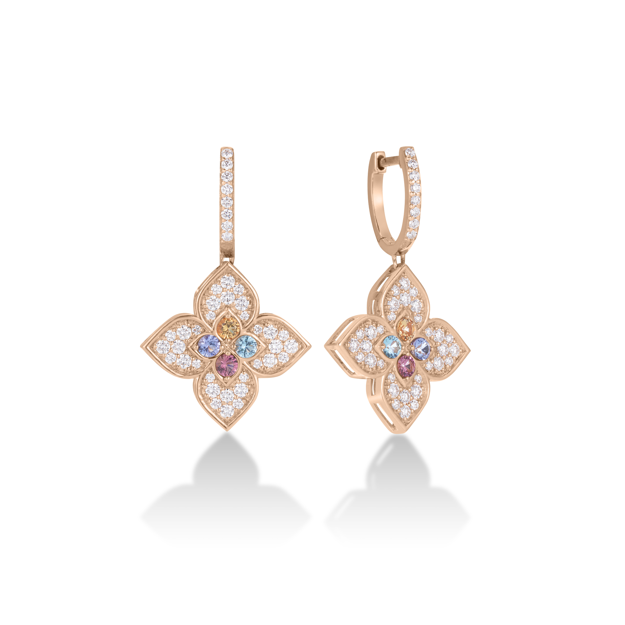 18k Rose Gold Venetian Princess Carnival Pave Diamond & Mixed Stones (tanzanite, Blue Topaz, Rubellite, & Citrine) Flower Drop Earrings