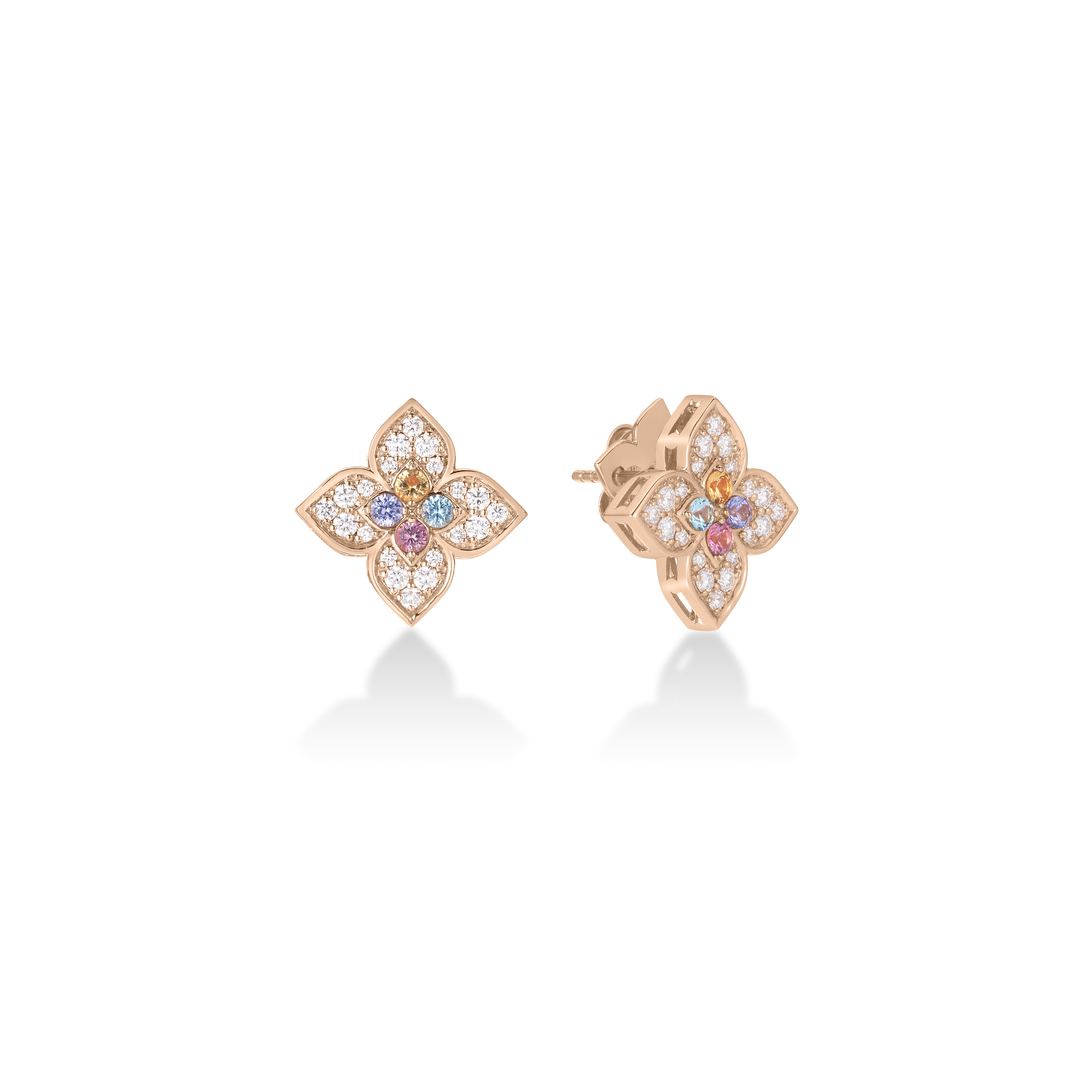 18k Rose Gold Venetian Princess Carnival Pave Diamond & Mixed Stones (tanzanite, Blue Topaz, Rubellite, & Citrine) Medium Flower Stud Earrings