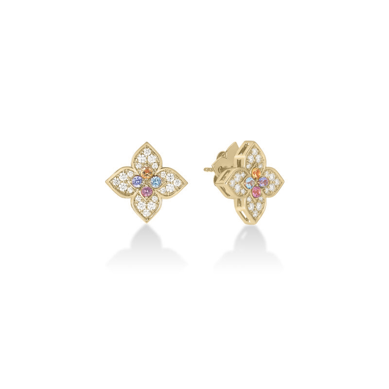 18k Yellow Gold Venetian Princess Carnival Pave Diamond & Mixed Stones (tanzanite, Blue Topaz, Rubellite, & Citrine) Medium Flower Stud Earrings