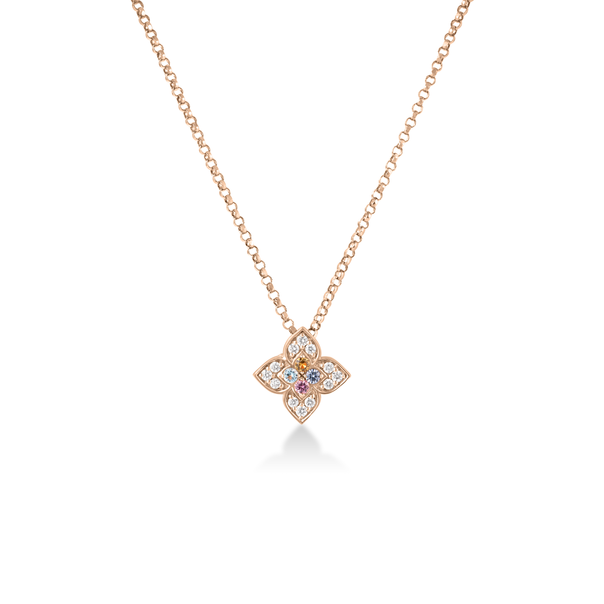 18k Rose Gold Venetian Princess Carnival Pave Diamond & Mixed Stones (blue Topaz, Citrine, Rubellite, & Tanzanite) Small Flower Necklace