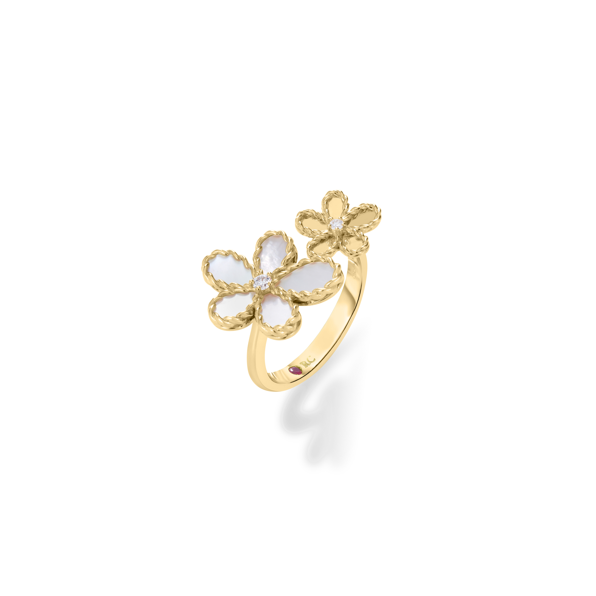 18k Yellow Gold Jasmine Diamond & Mother Of Pearl Double Flower Ring
