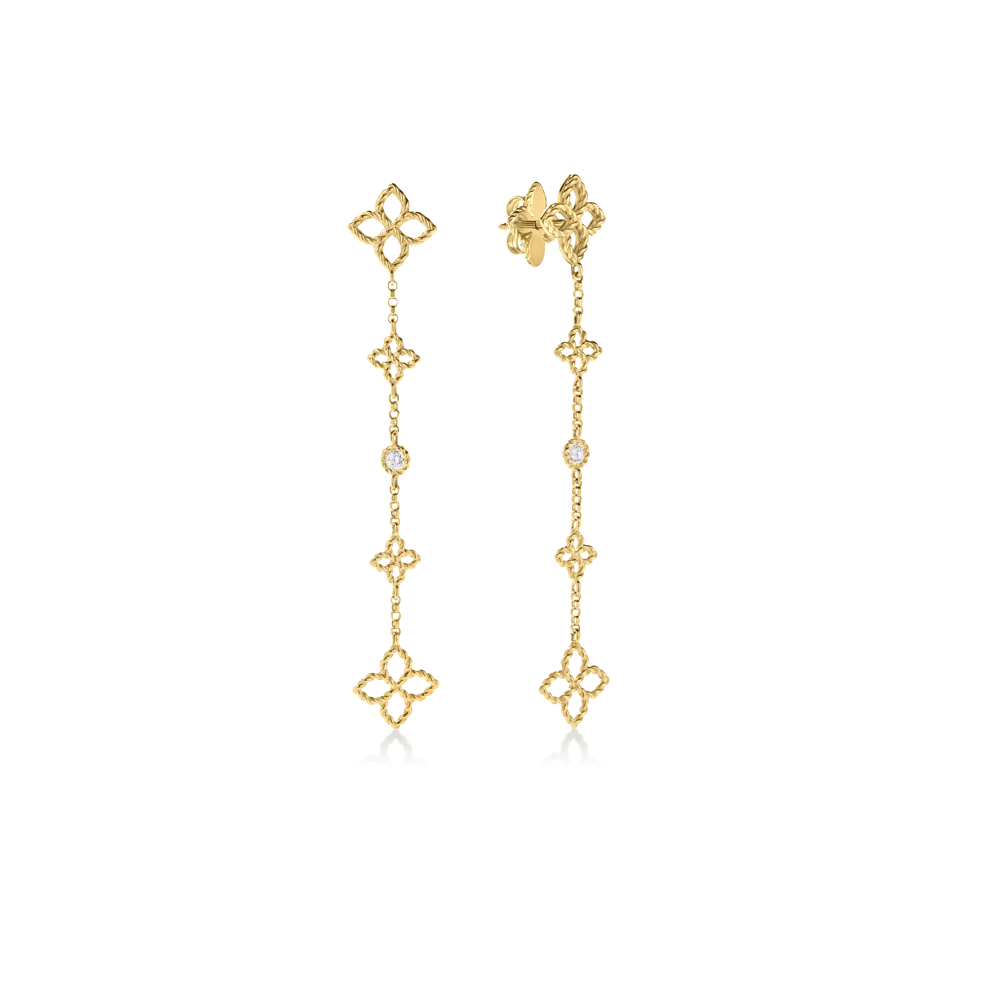 18k Yellow Gold Princess Flower Diamond & Flower Station Dangle Earrings
