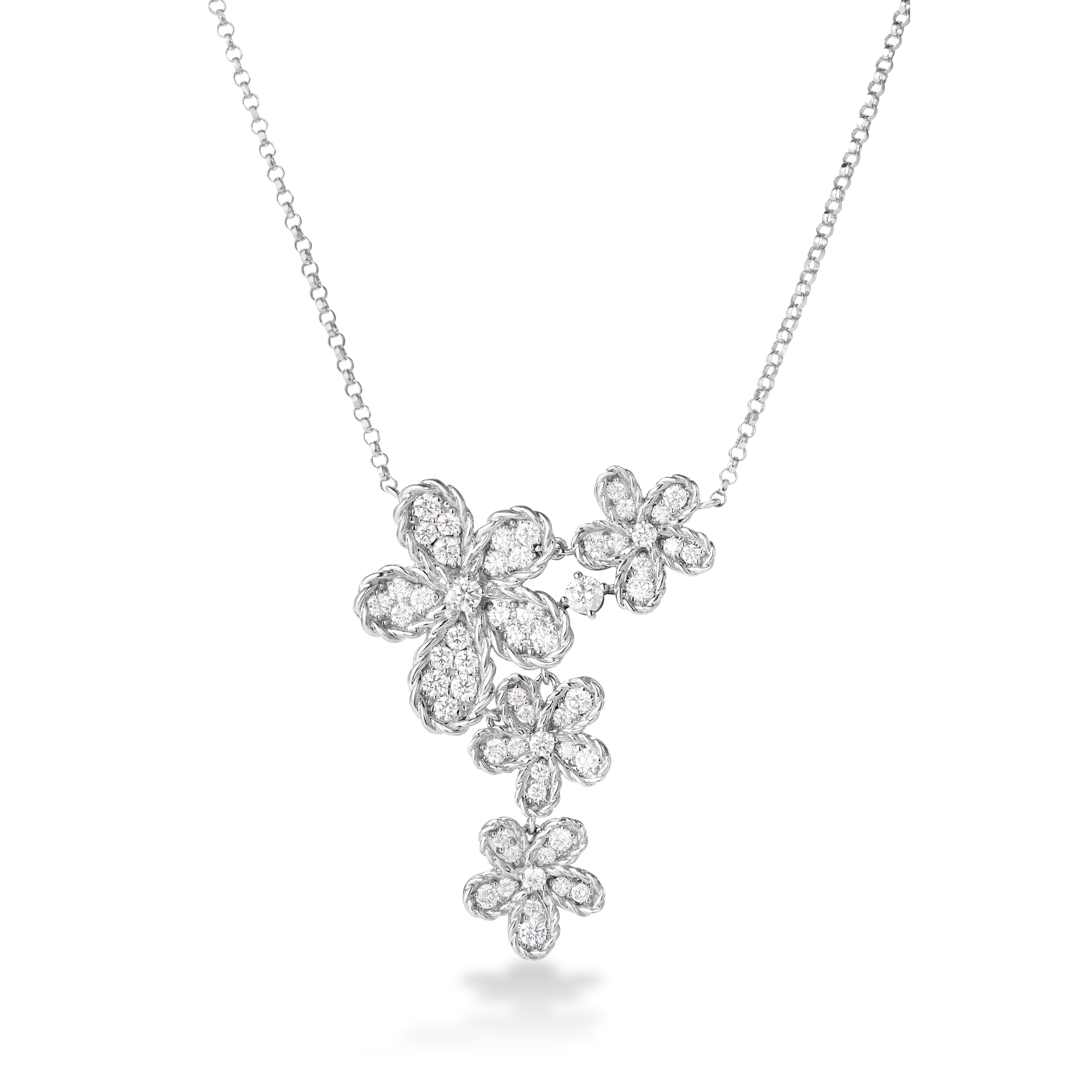 18k White Gold Jasmine Pave Diamond Multi  Flower Necklace