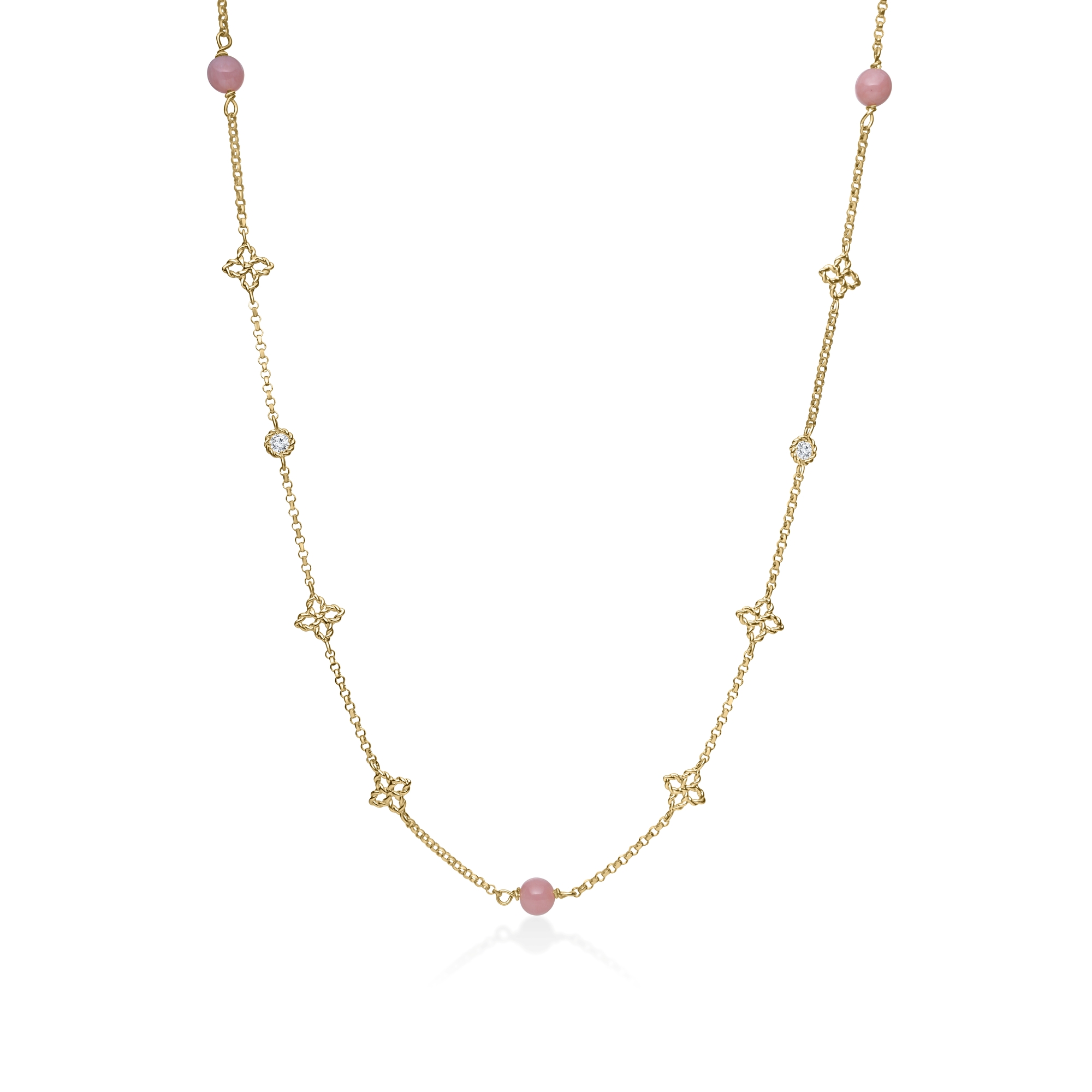 18k Yellow Gold Princess Flower Diamond & Pink Opal Long Necklace