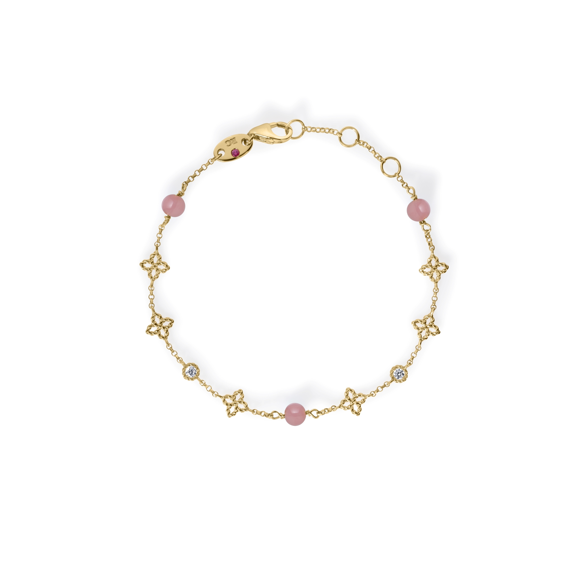 18k Yellow Gold Princess Flower Diamond, Flower, & Pink Opal Station Bracelet