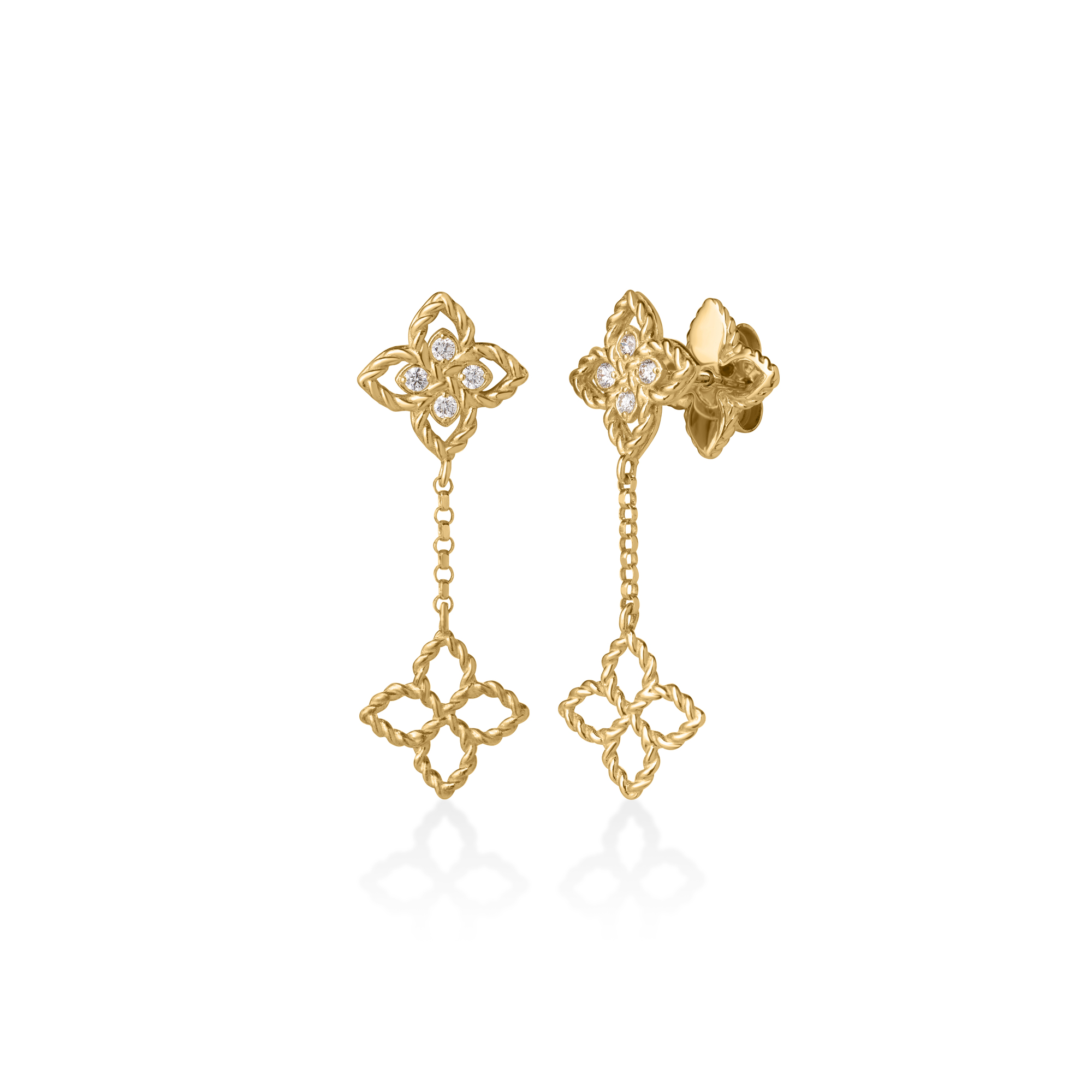 18k Yellow Gold Princess Flower Tiny Diamond Flower Dangle Earrings