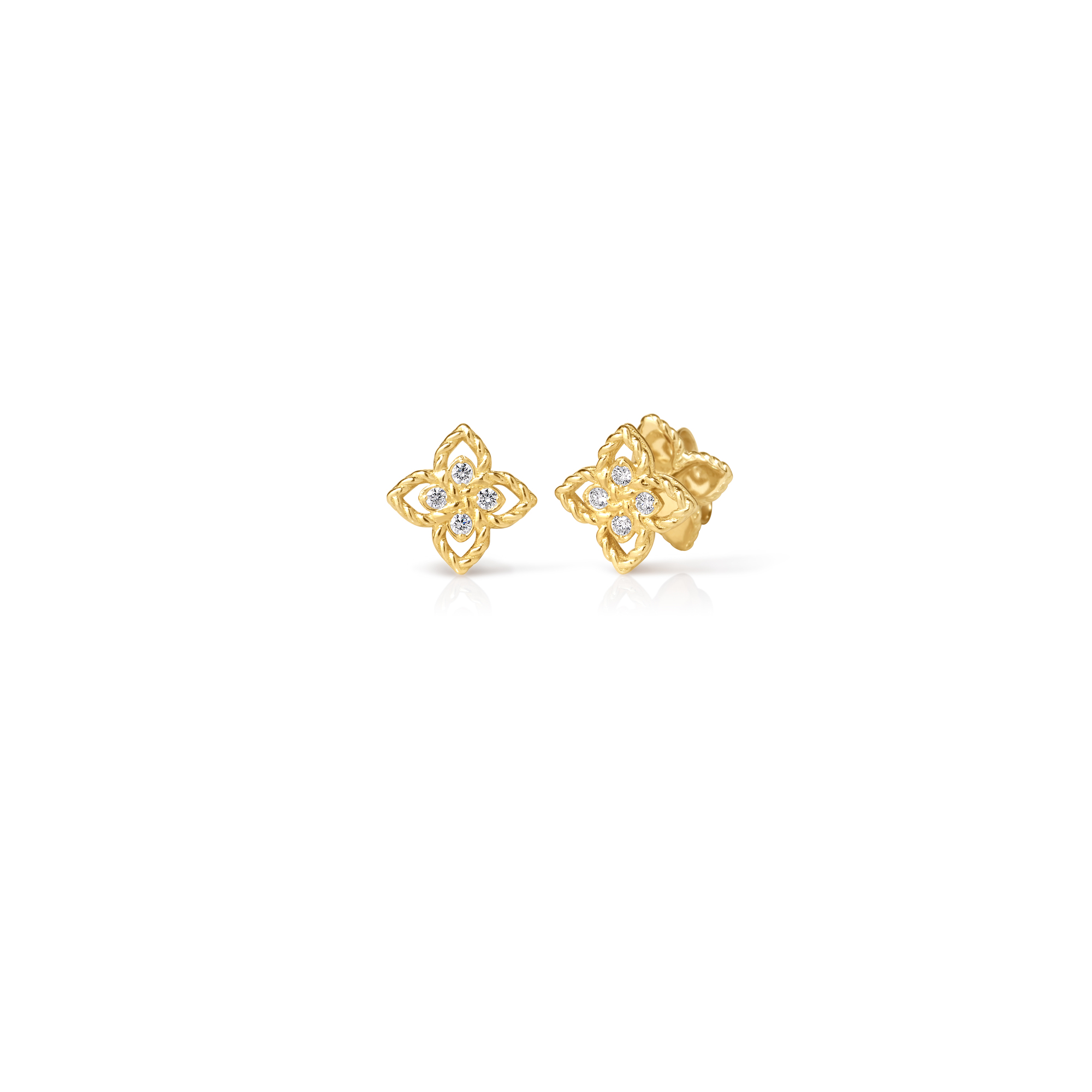 18k Yellow Gold Princess Flower Tiny Diamond Flower Stud Earrings