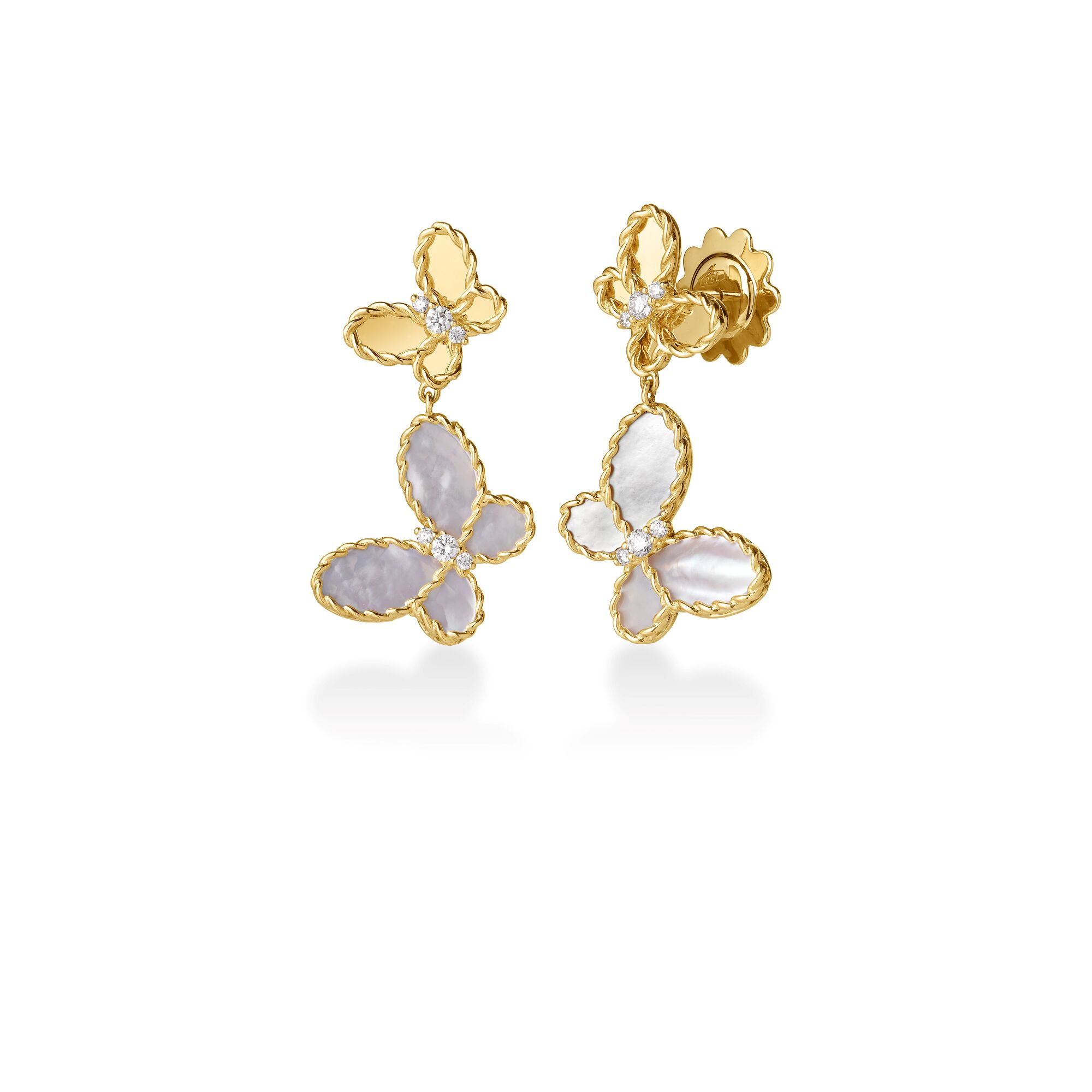 18k Yellow Gold Jasmine Diamond & Mother Of Pearl Butterfly Dangle Earrings