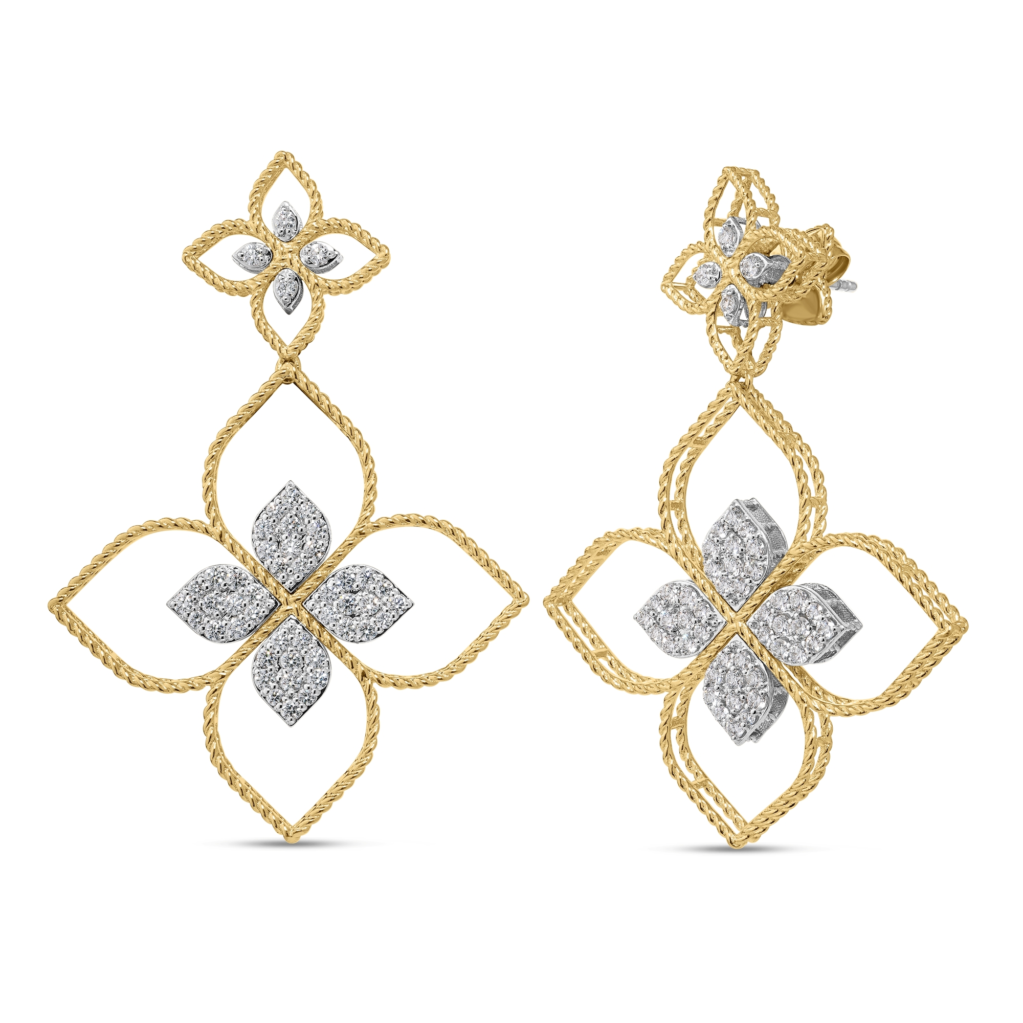 18k Yellow/white Gold Princess Flower Large Open Frame Pave Diamond Drop Earrings