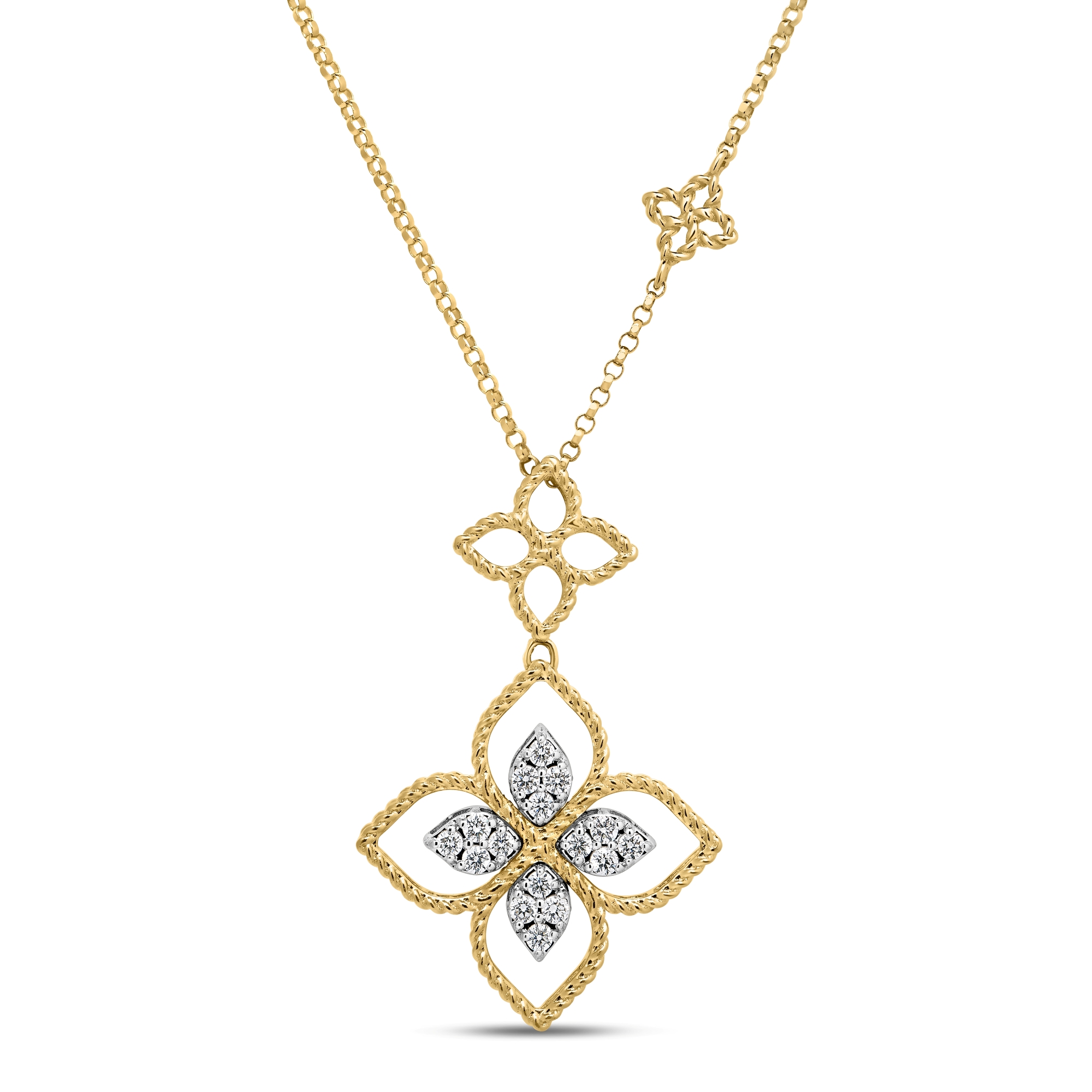 18k Yellow/white Gold Princess Flower Open Frame Double Flower Diamond Necklace