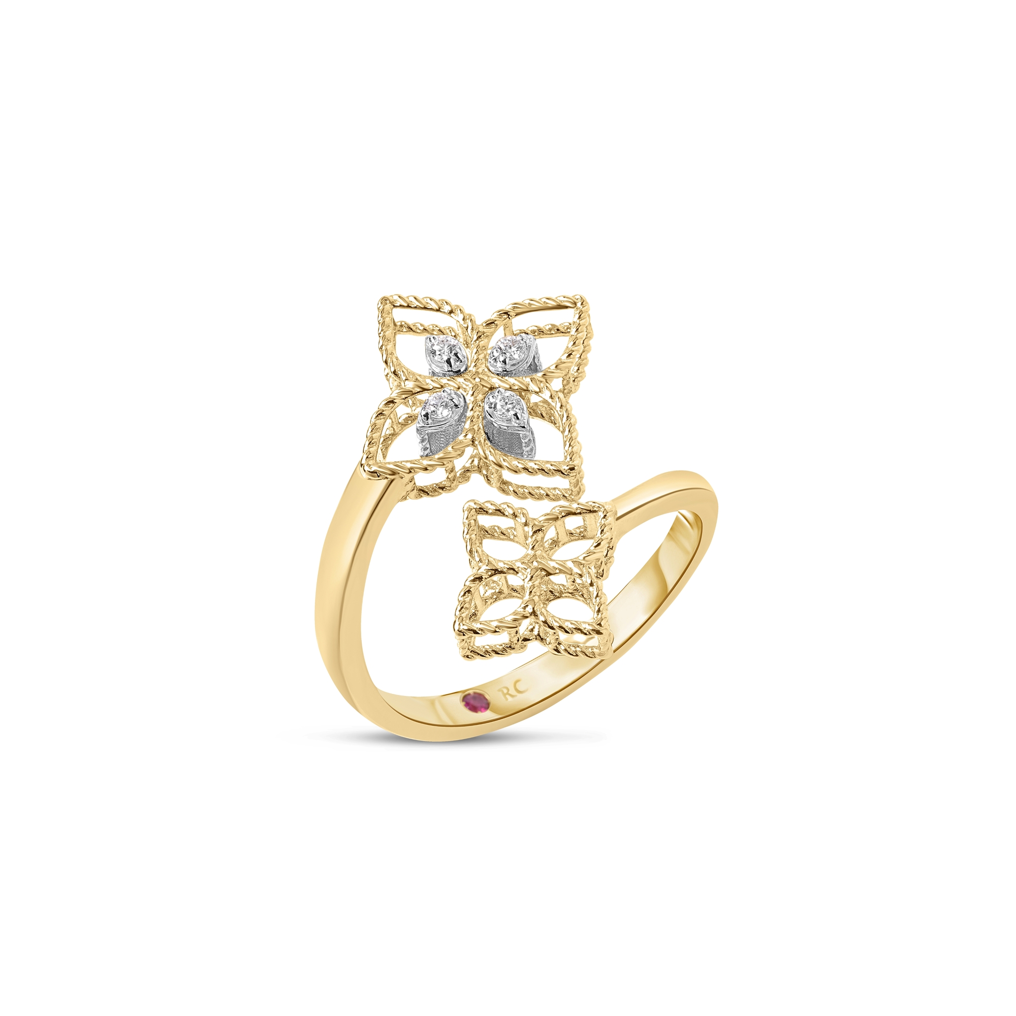 18k Yellow/white Gold Princess Flower Open Frame Diamond Bypass Ring