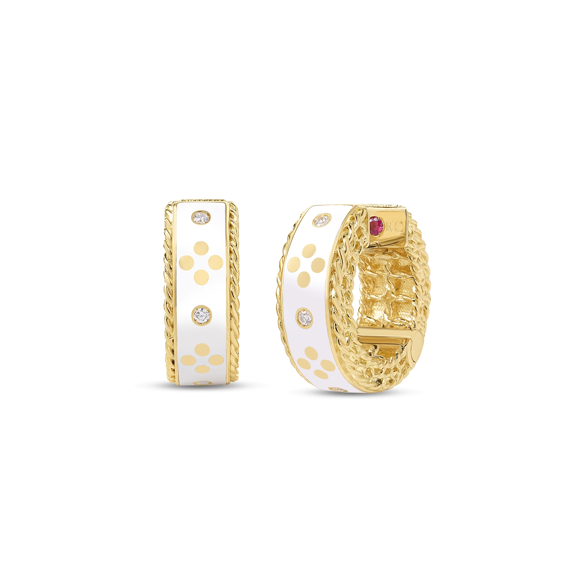 18k Yellow Gold Venetian Princess Diamond And White Enamel Hoop Earrings