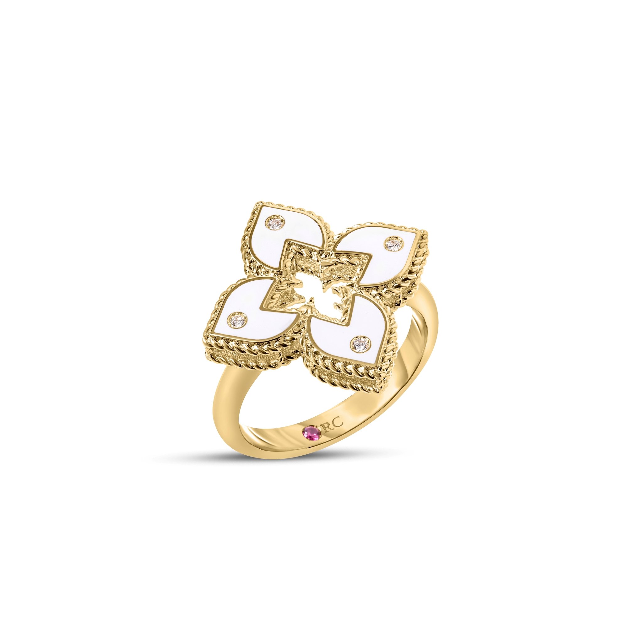 18k Yellow Gold Venetian Princess Diamond And White Enamel Flower Ring